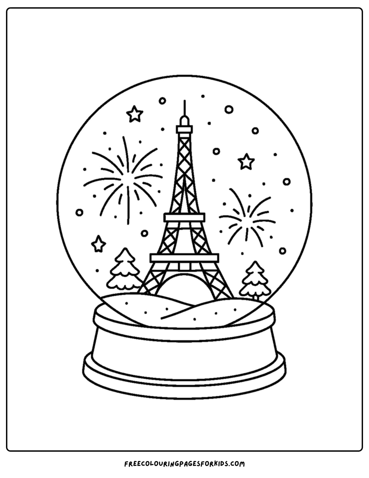 a snow globe coloring page featuring an eiffel tower