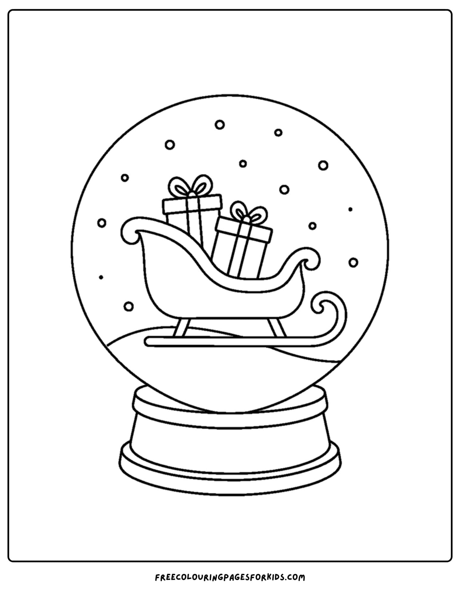 a snow globe coloring page featuring a festive sleigh full of presents