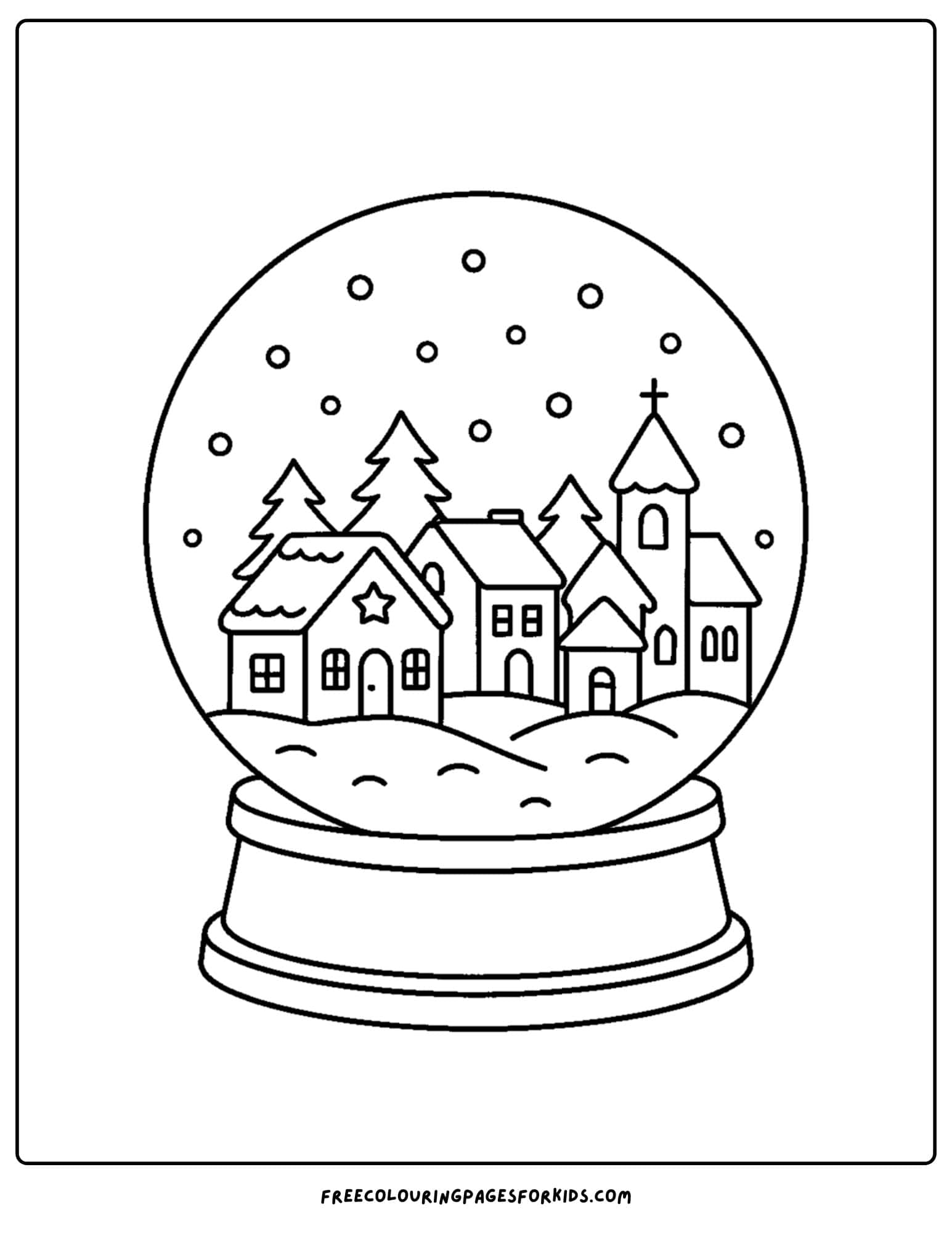a snow globe coloring page featuring a festive village