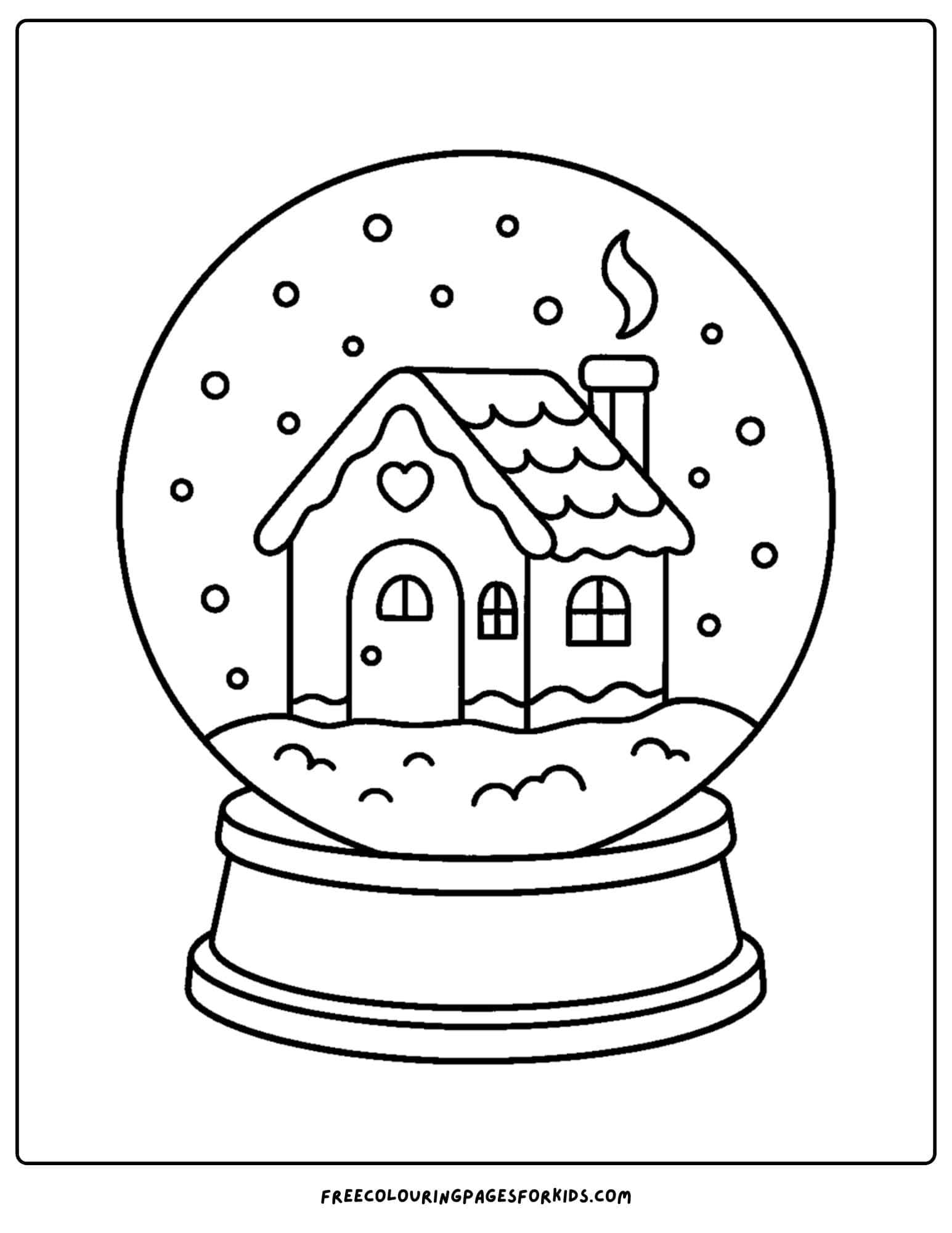 a snow globe coloring page featuring a gingerbread house