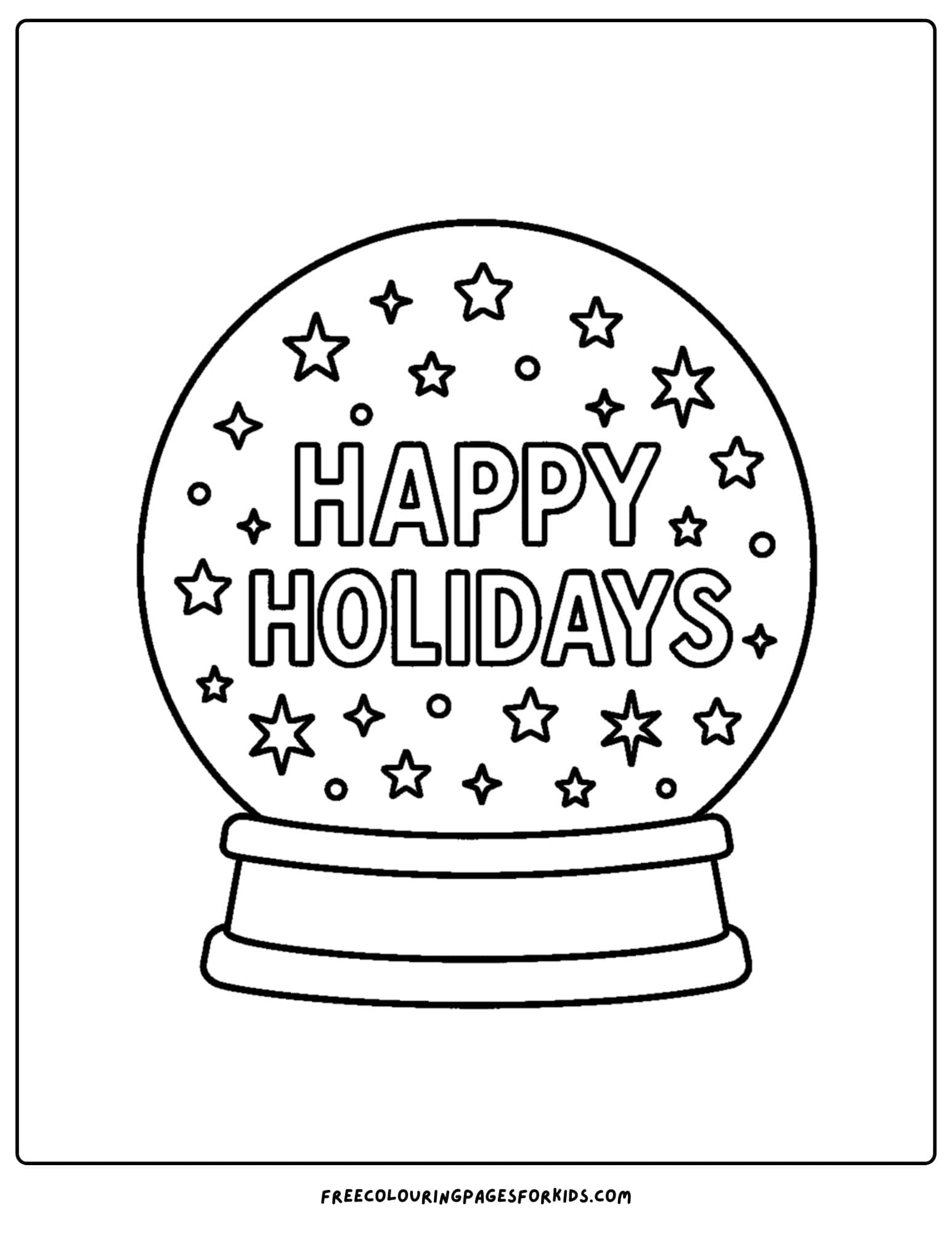 a snow globe coloring page featuring a happy holidays sign