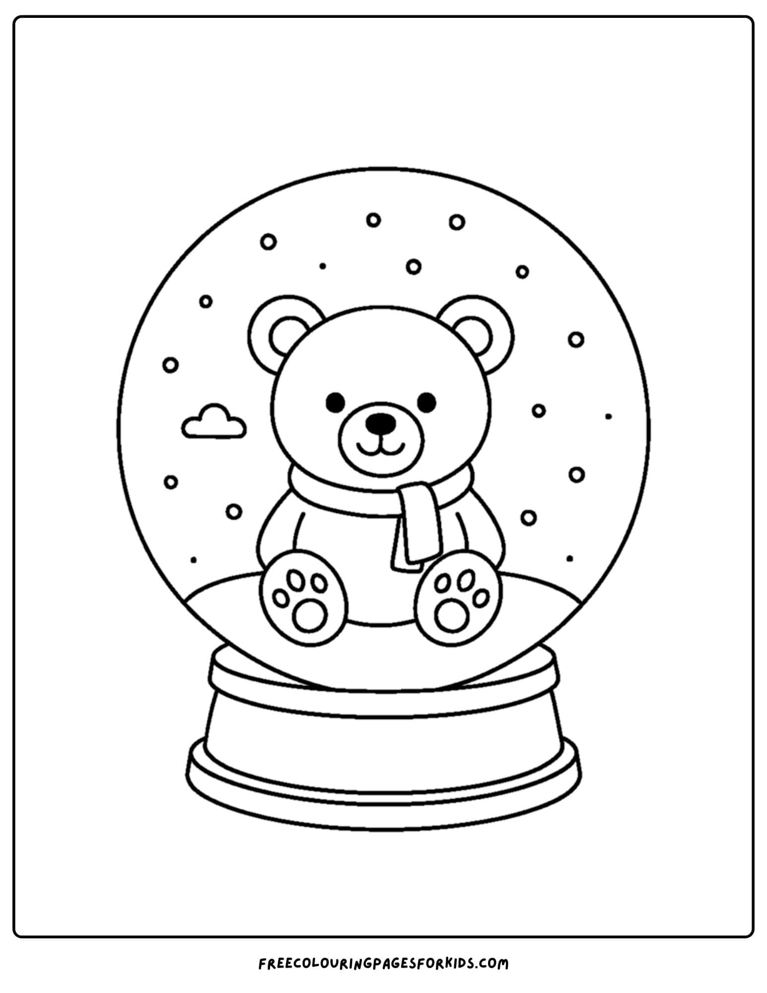 a snow globe coloring page featuring a happy teddy bear