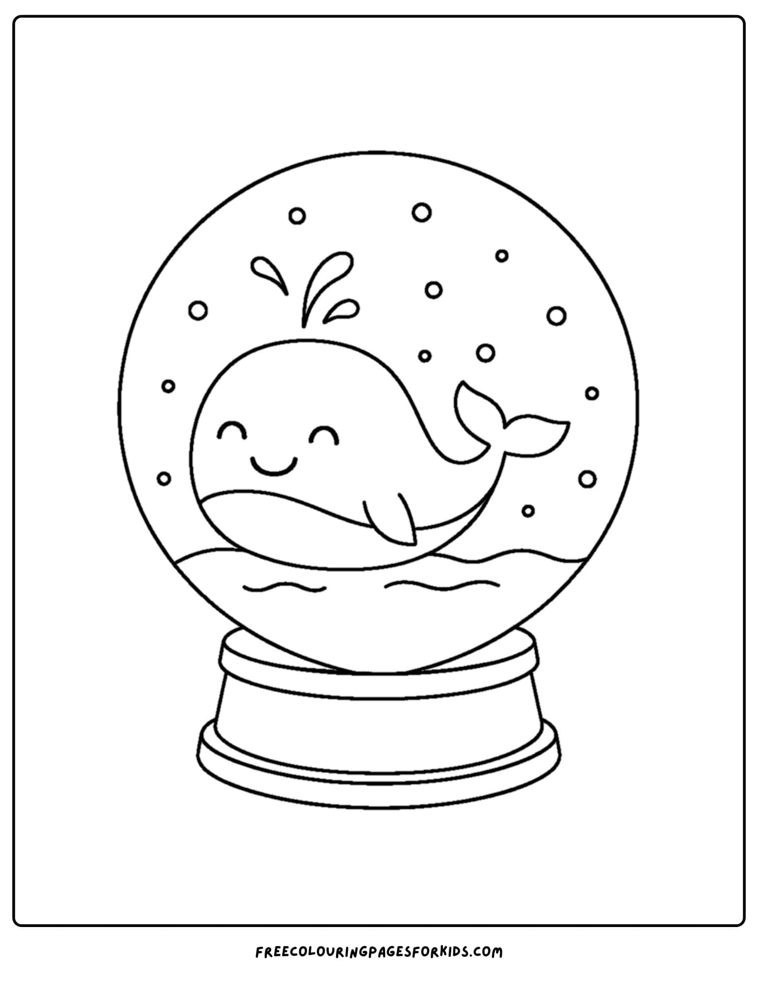a snow globe coloring page featuring a happy whale