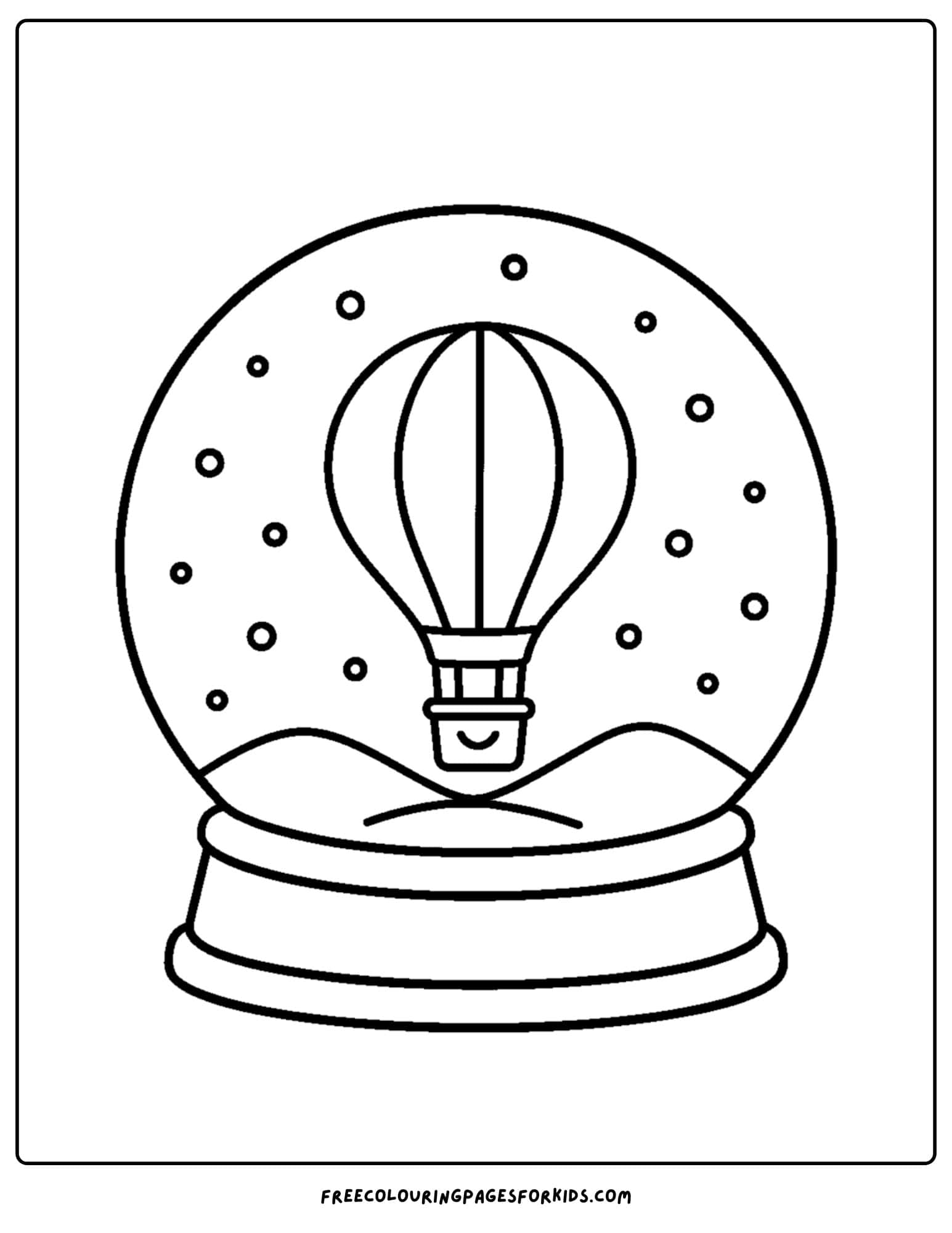 a snow globe coloring page featuring a hot air balloon
