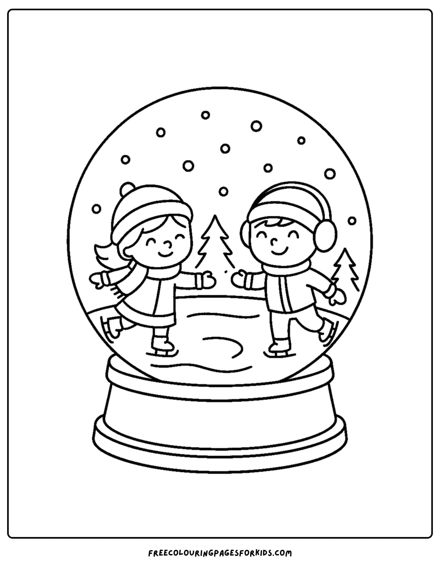 a snow globe coloring page featuring kids ice skating