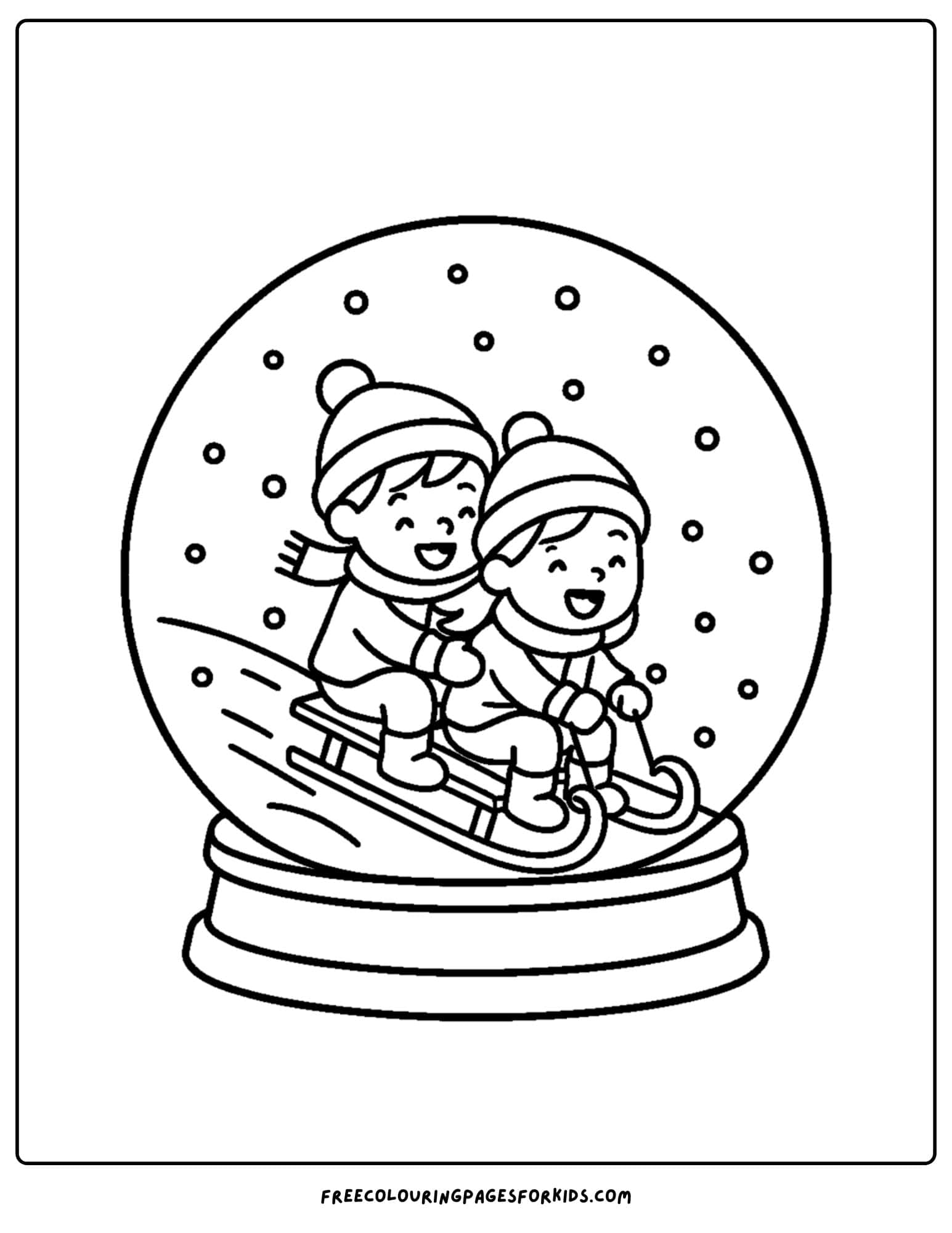 a snow globe coloring page featuring kids sledding