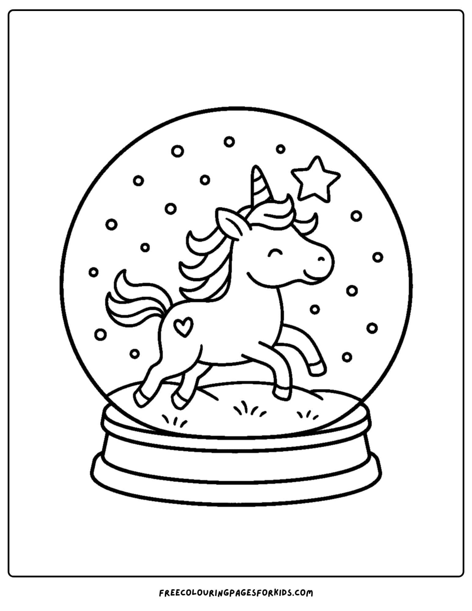 a snow globe coloring page featuring a unicorn