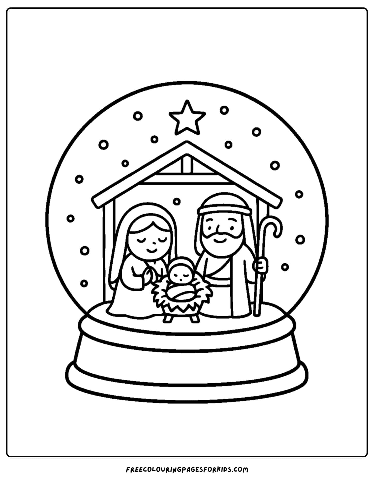 a snow globe coloring page featuring a nativity scene