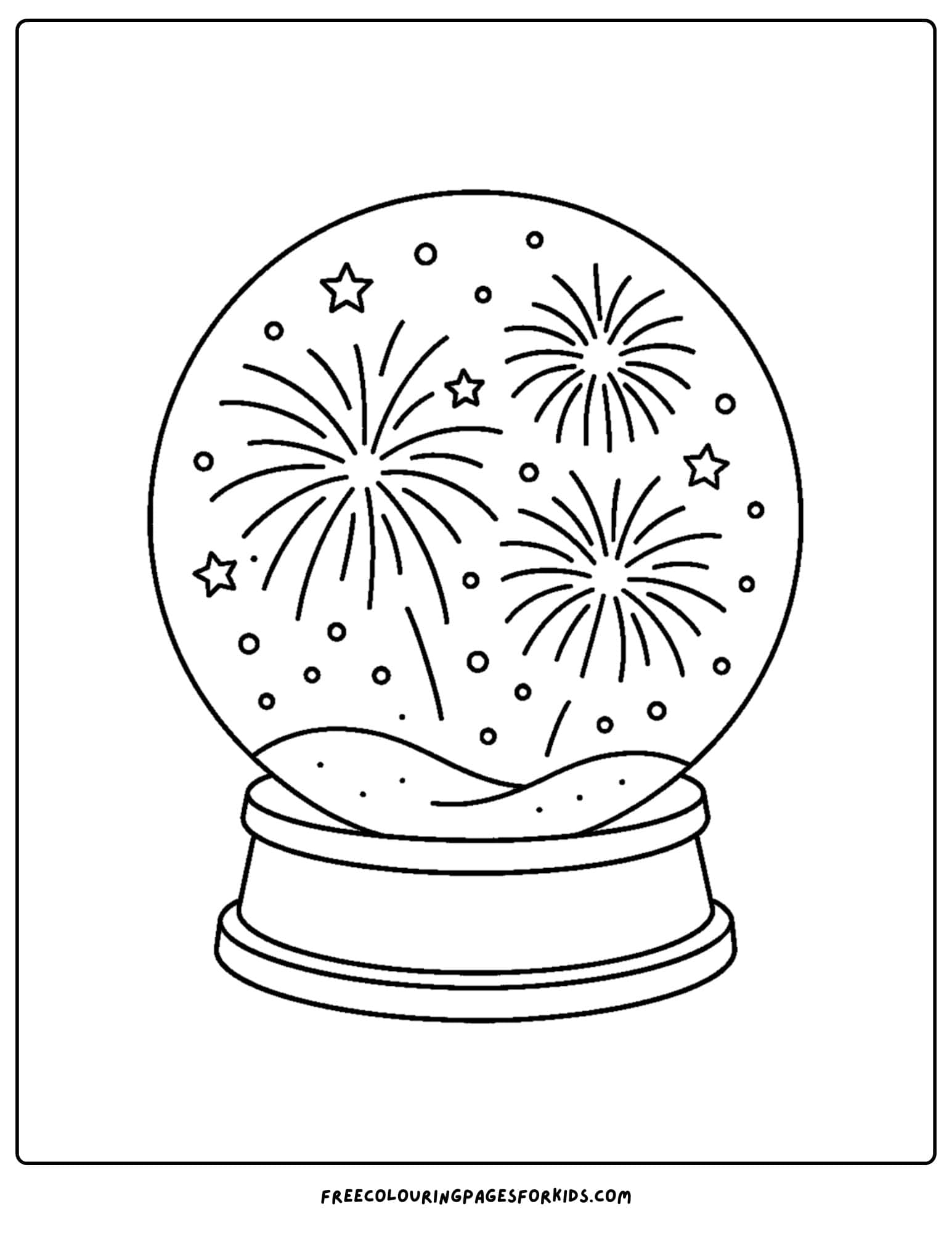 a snow globe coloring page featuring a night fireworks scene