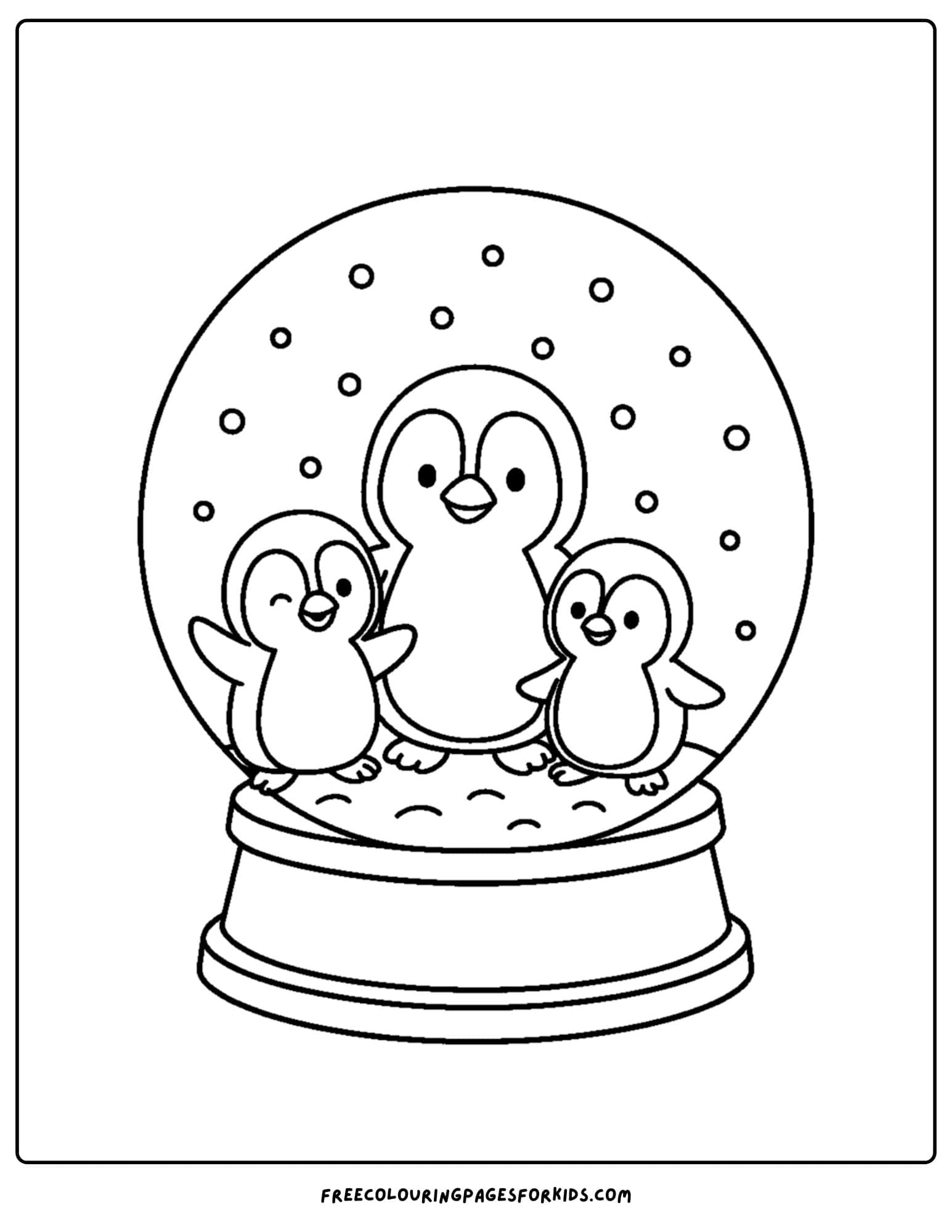 a snow globe coloring page featuring a penguin family