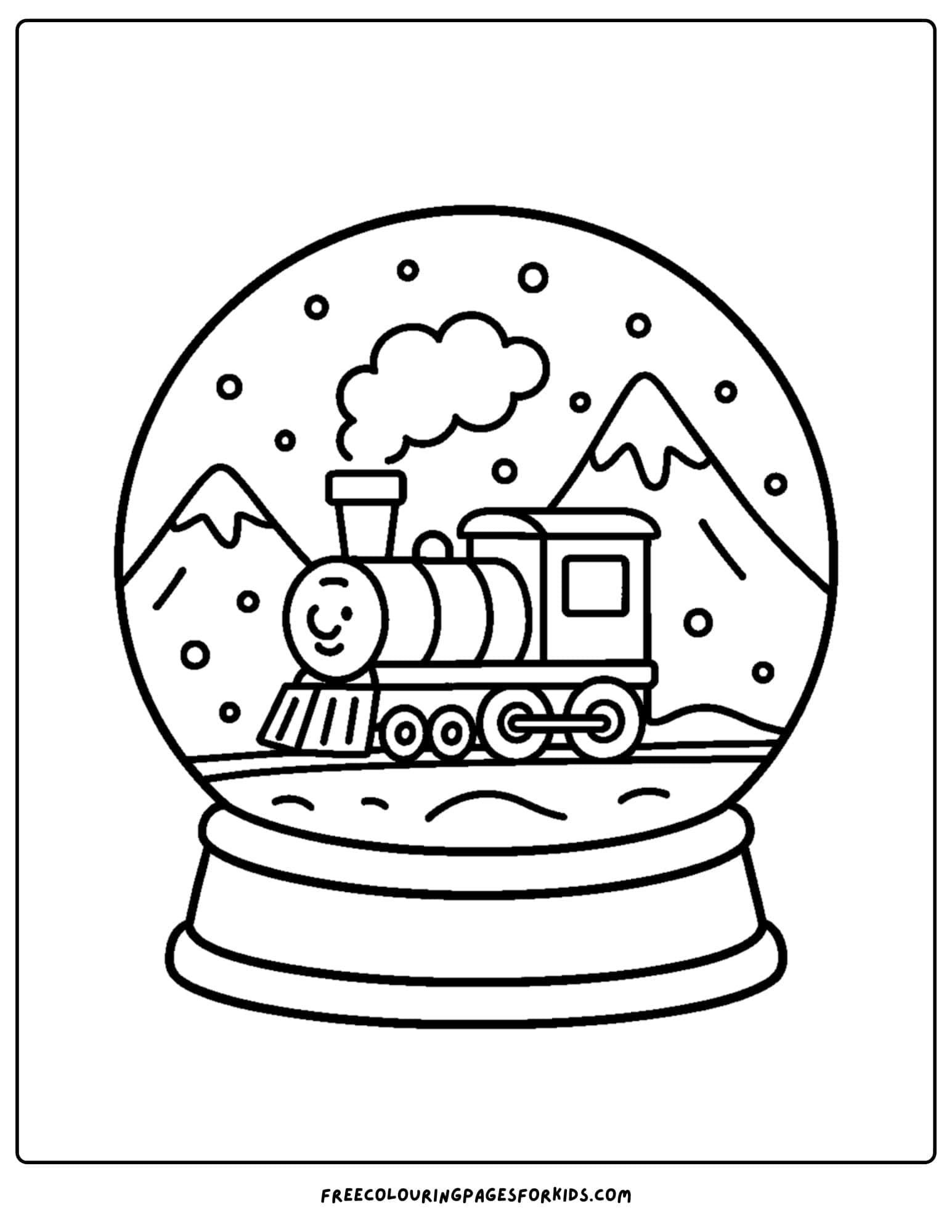 a snow globe coloring page featuring a snowy train scene