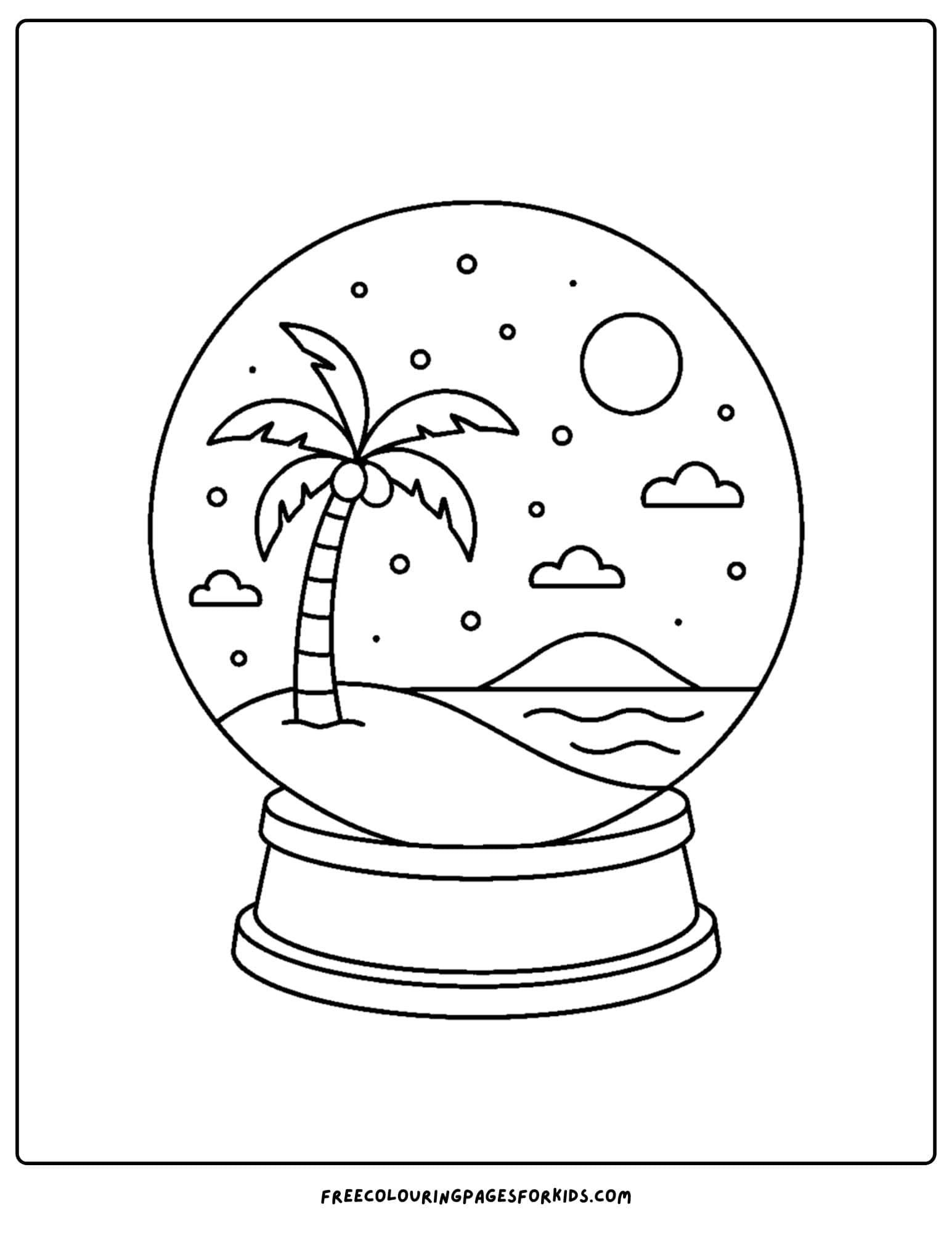 a snow globe coloring page featuring a tropical beach scene