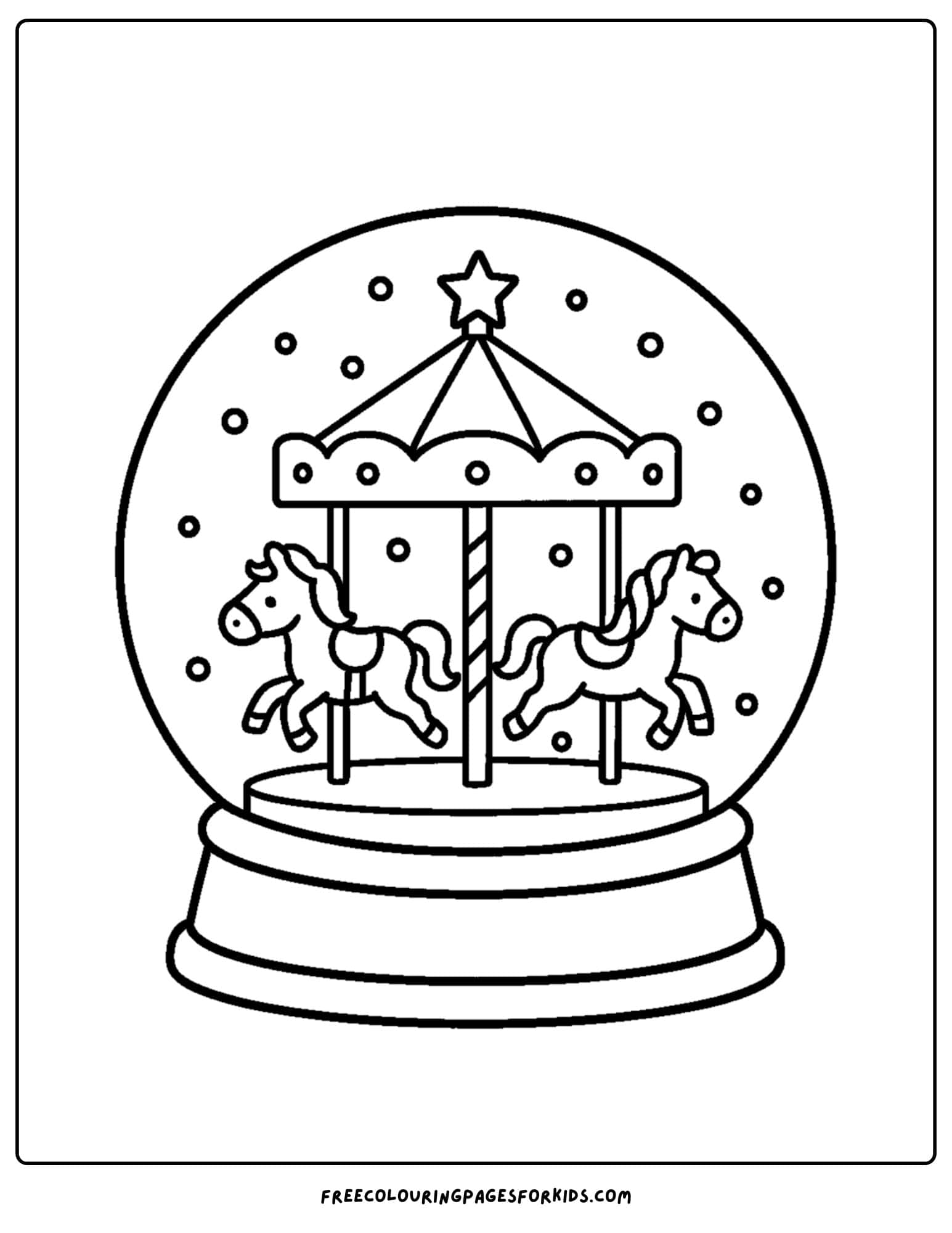 a snow globe coloring page featuring a winter carousel