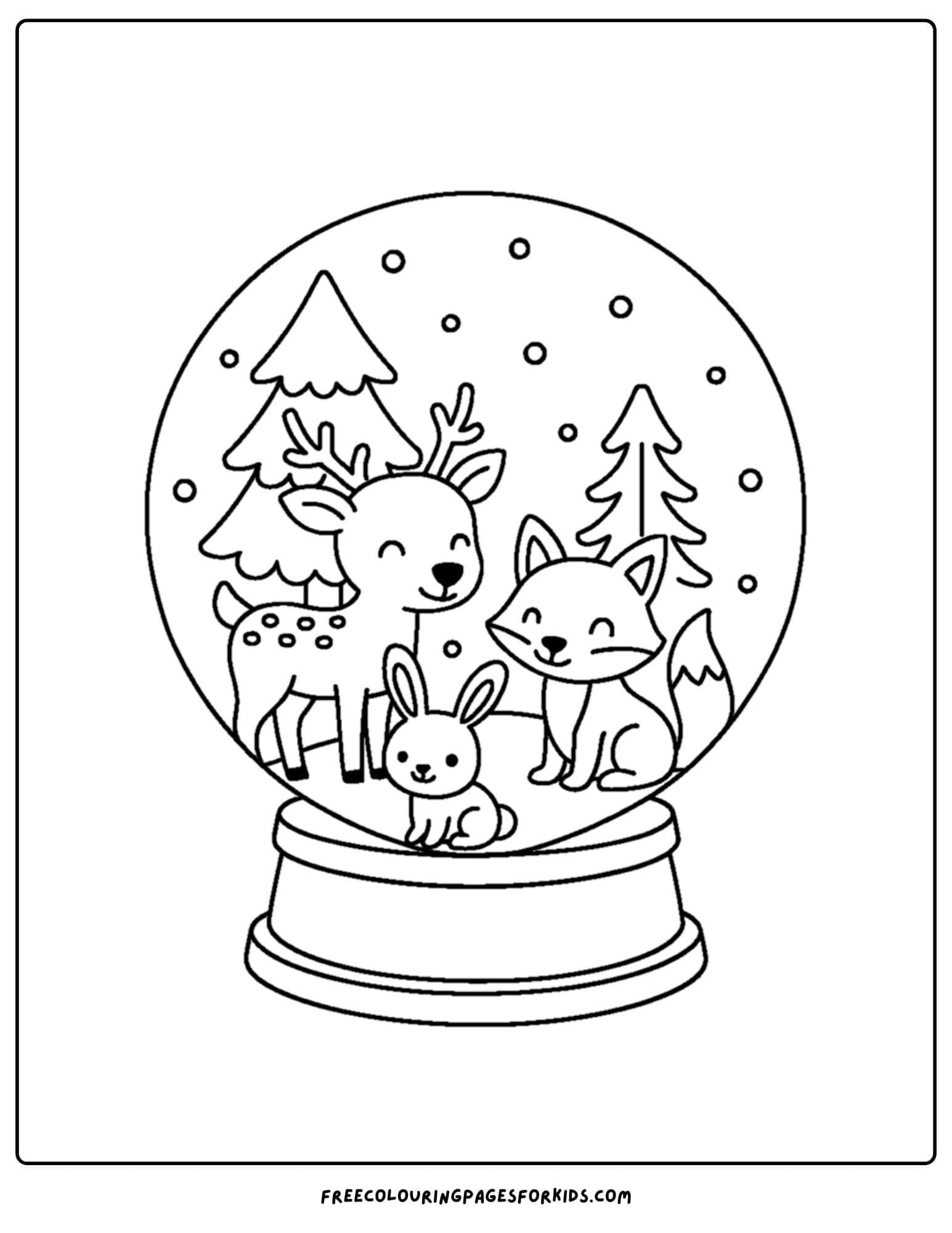 a snow globe coloring page featuring some woodland animals