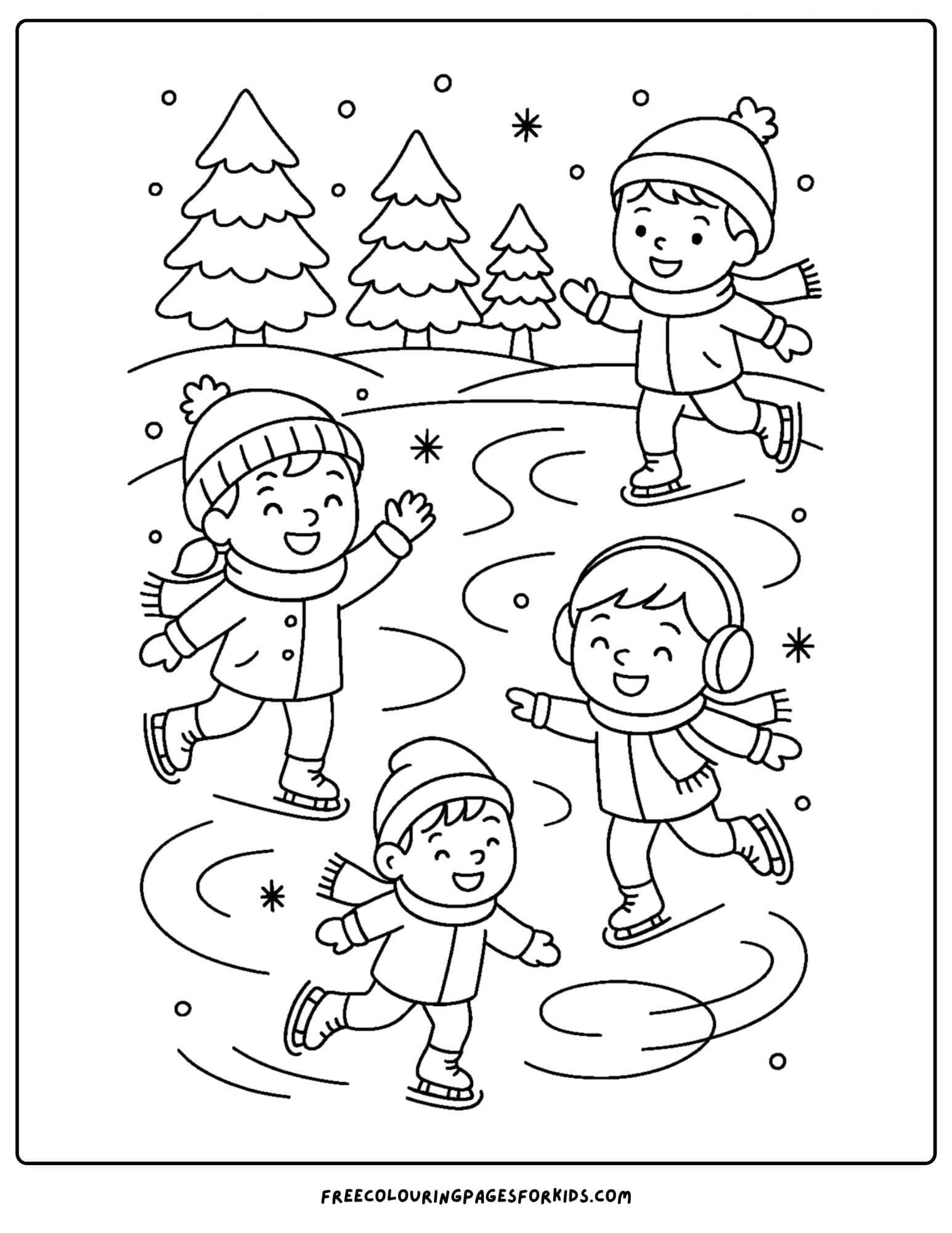 a snow coloring page featuring children ice skating on a pond