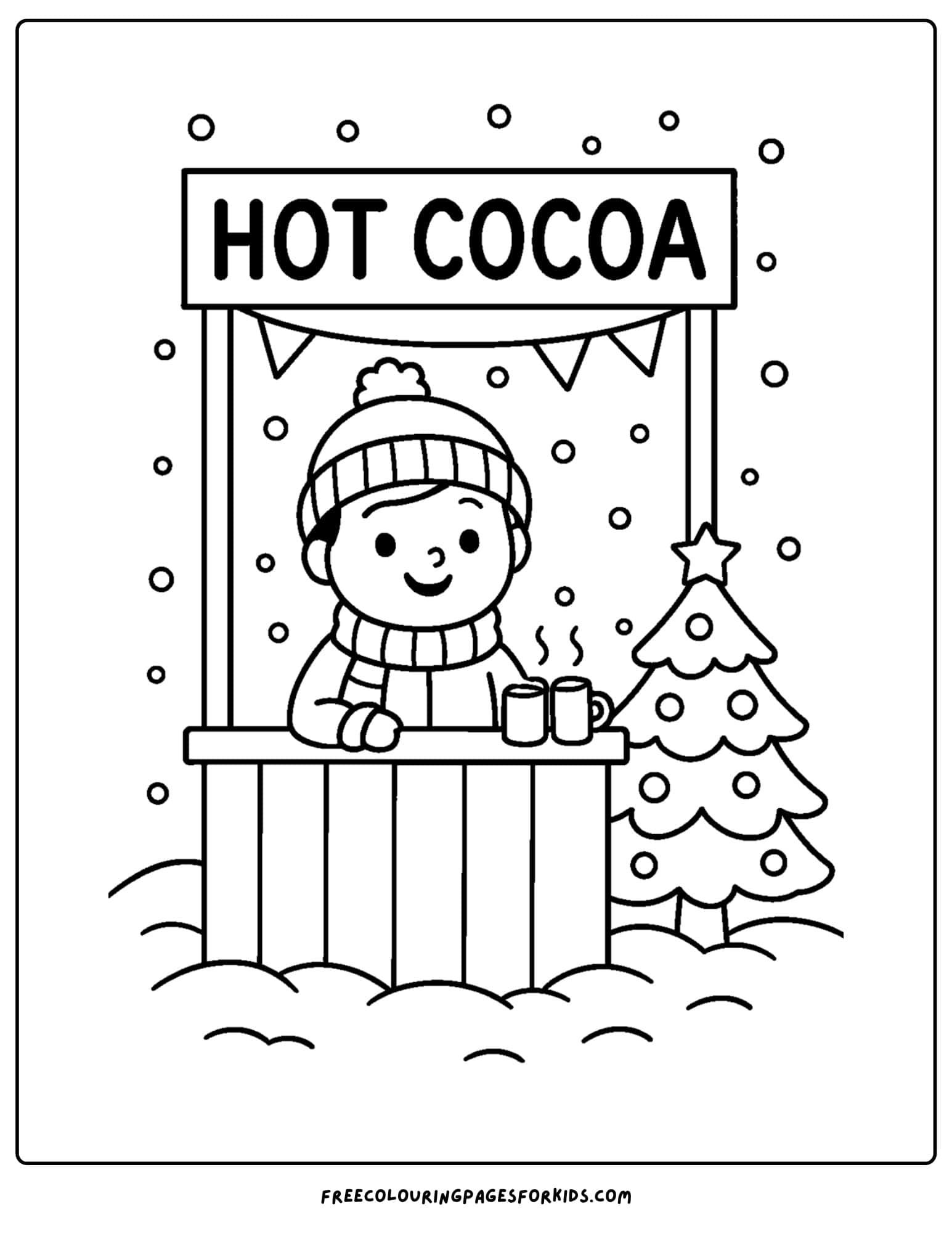 a snow coloring page featuring a child selling hot cocoa from a stand