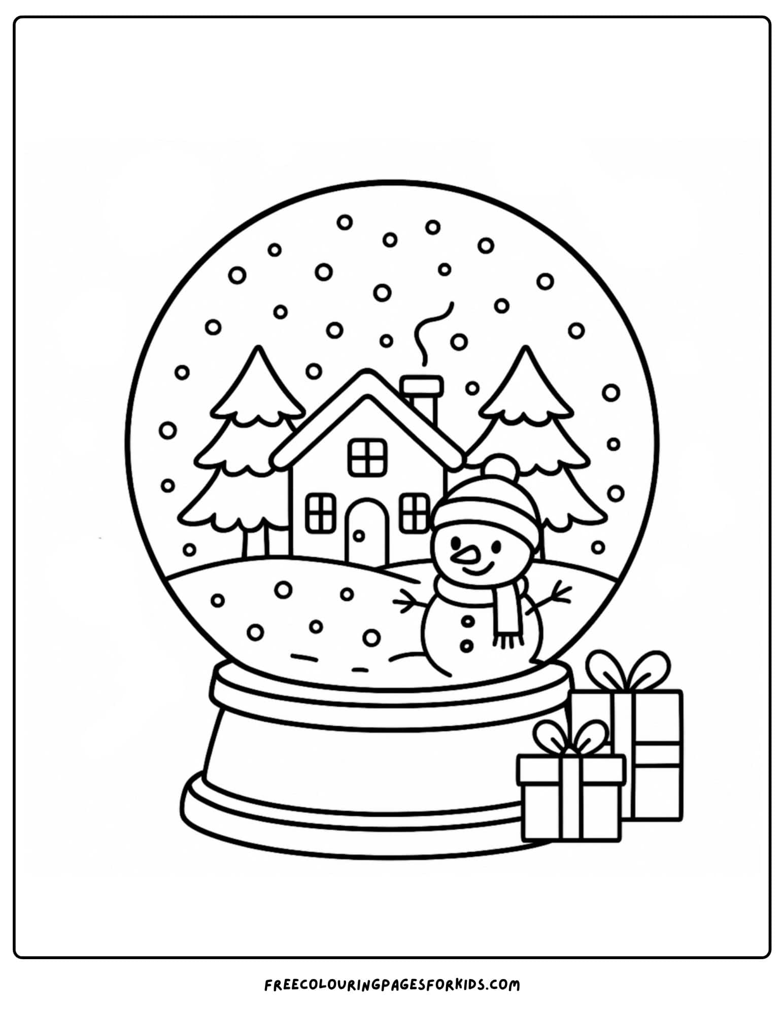 a snow coloring page featuring a snow globe with a winter scene inside it
