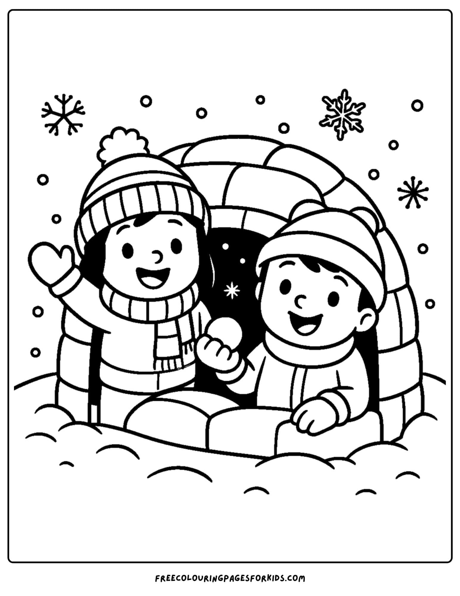 a snow coloring page featuring kids in an igloo