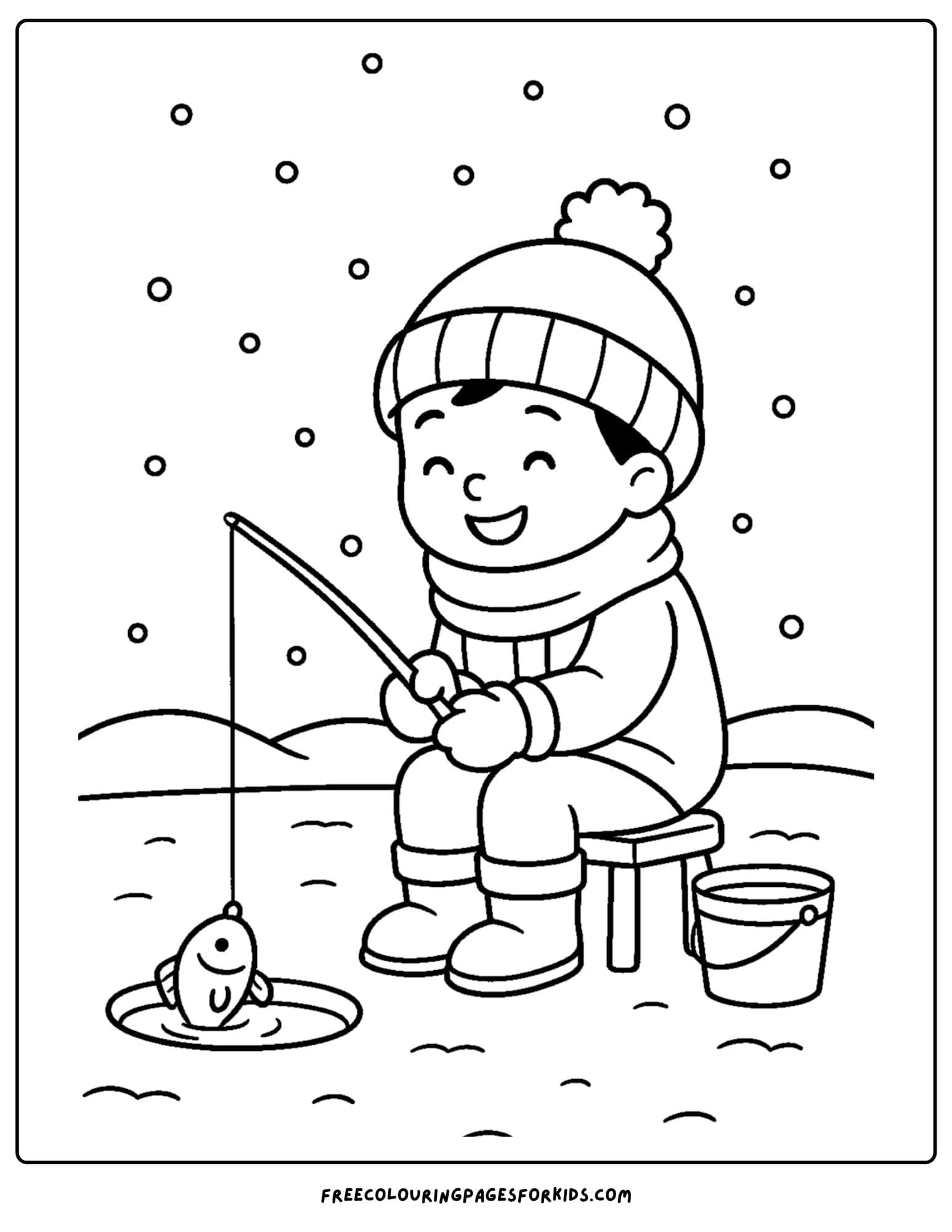 a snow coloring page featuring a child ice fishing