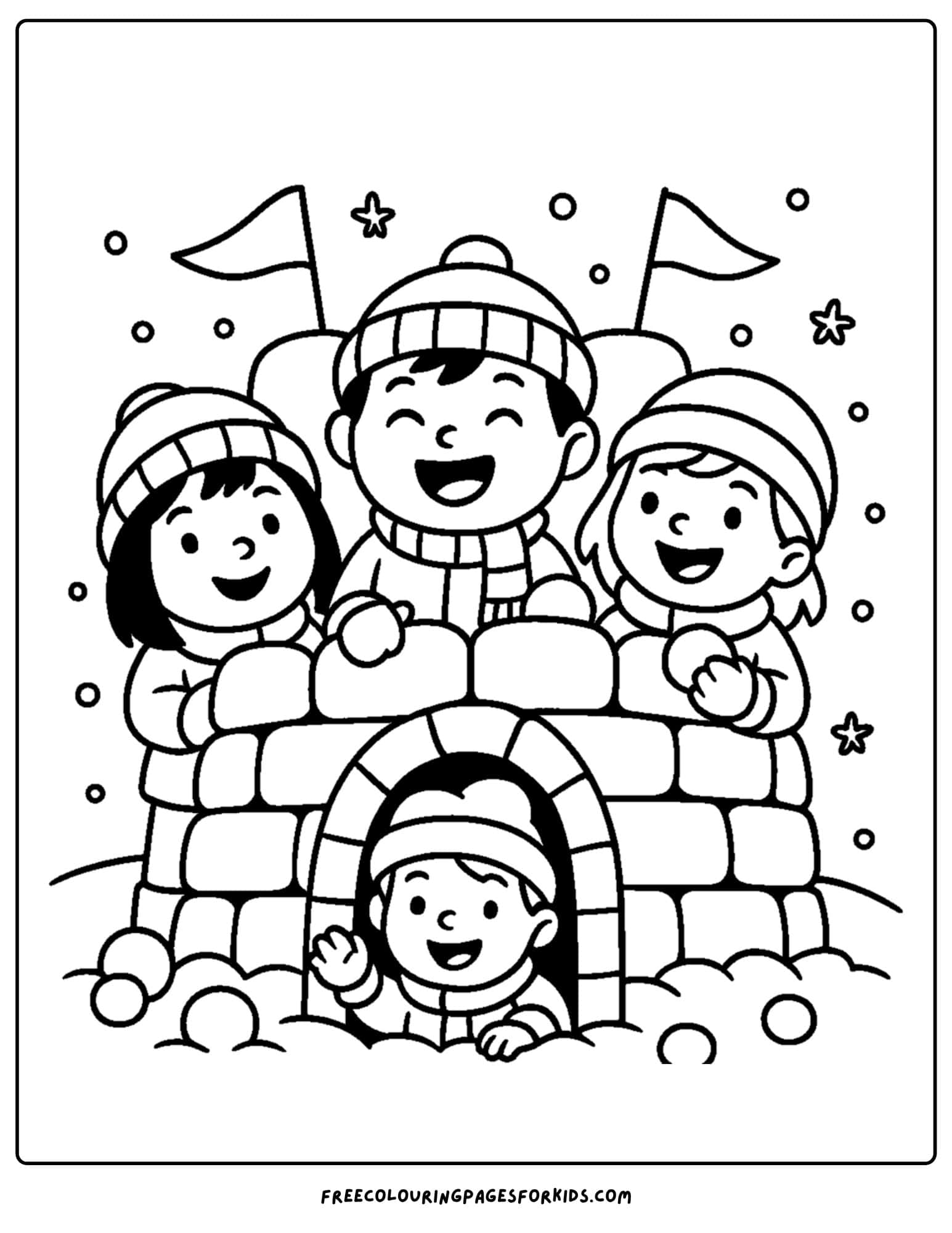 a snow coloring page featuring kids building a snow fort