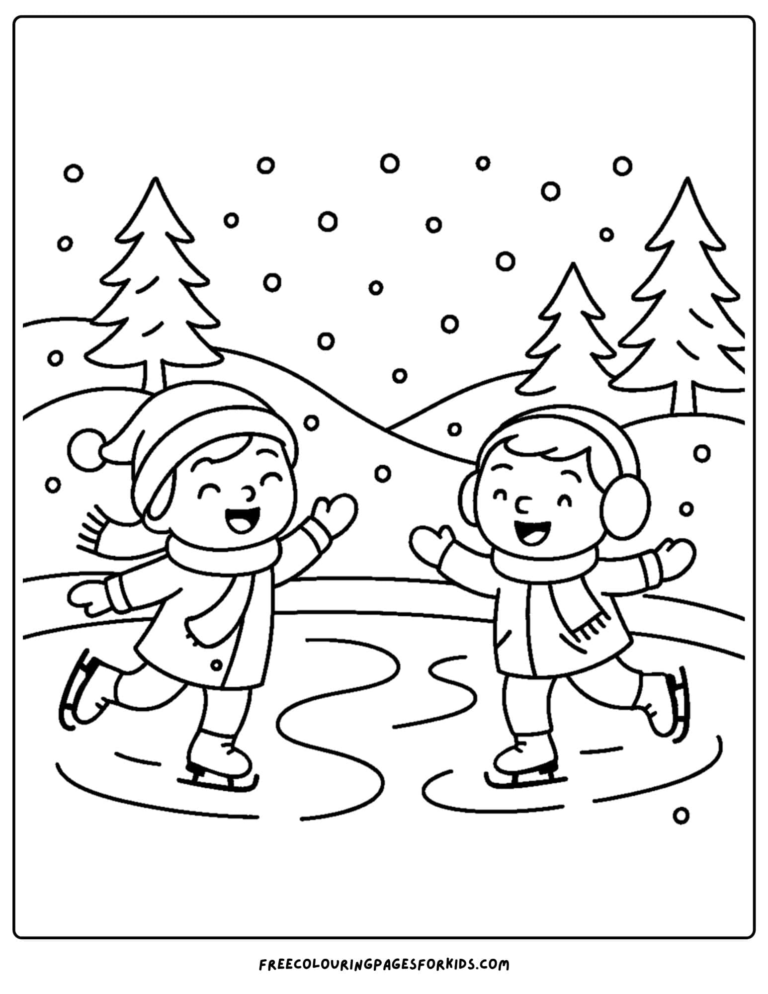 a snow coloring page featuring two kids ice skating on a lake