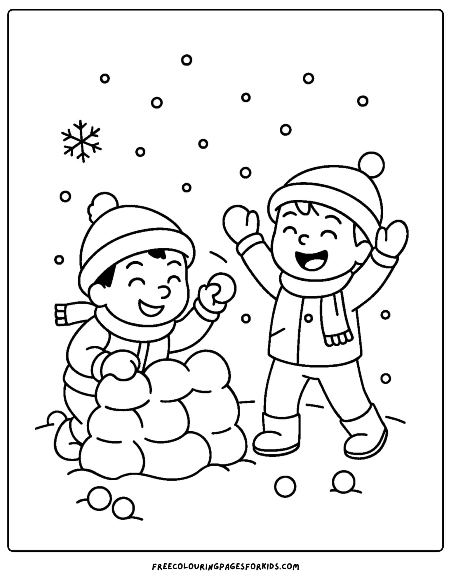 a snow coloring page featuring kids having a snowball fight