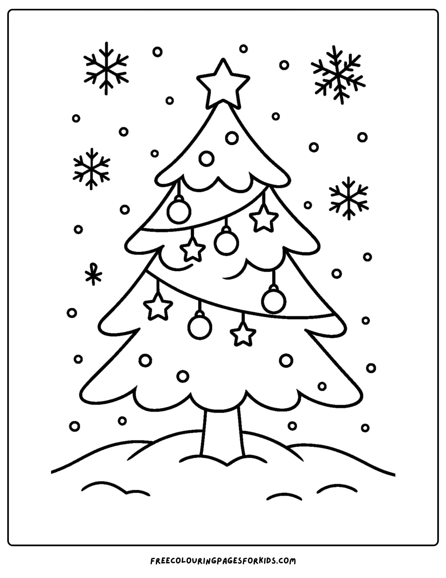 a snow coloring page featuring a snow covered tree decorated with lights