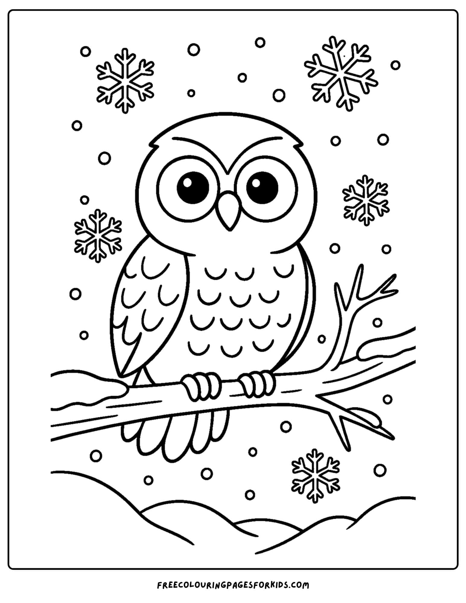 a snow coloring page featuring an owl sitting on a snow covered branch