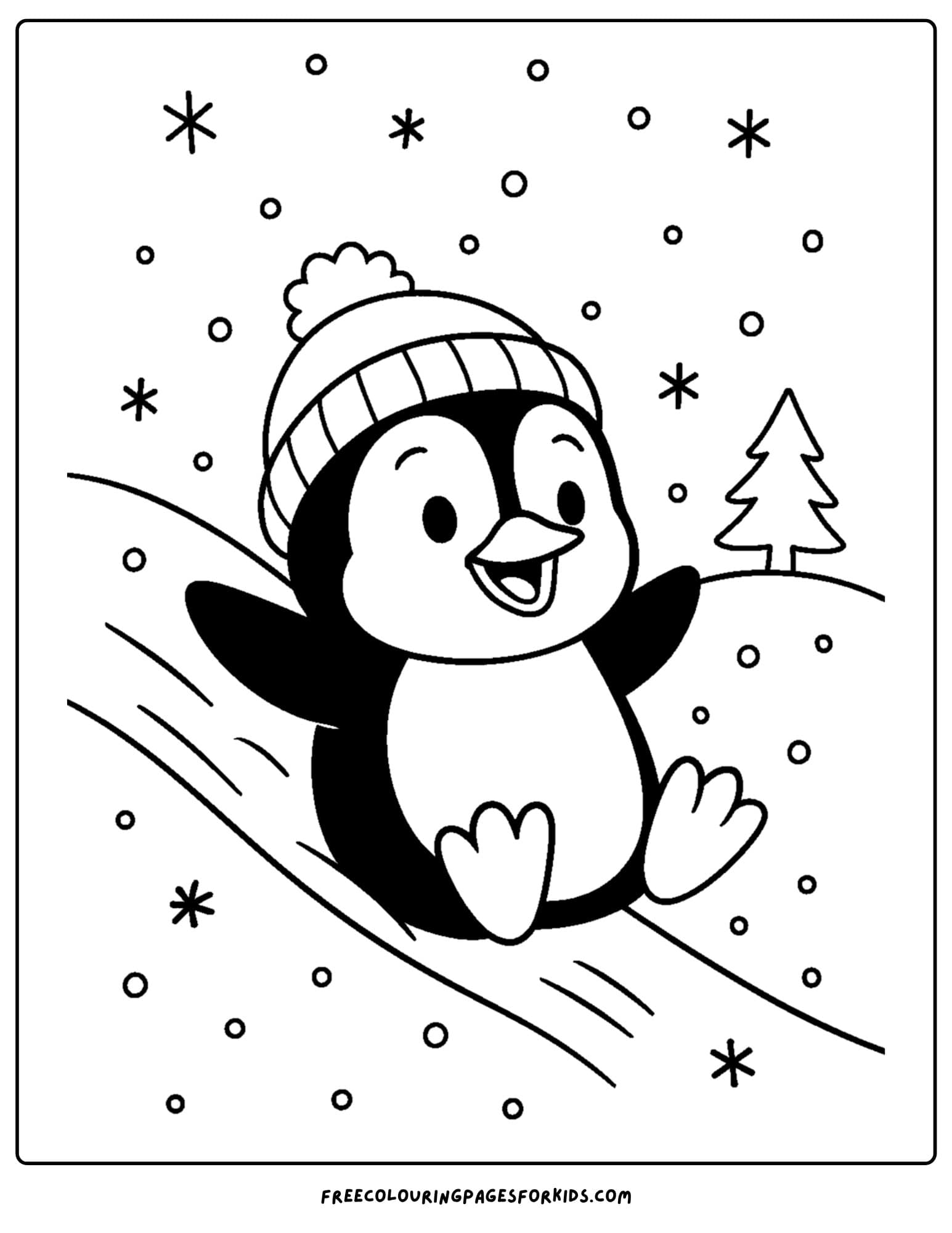 a snow coloring page featuring a penguin wearing a winter hat