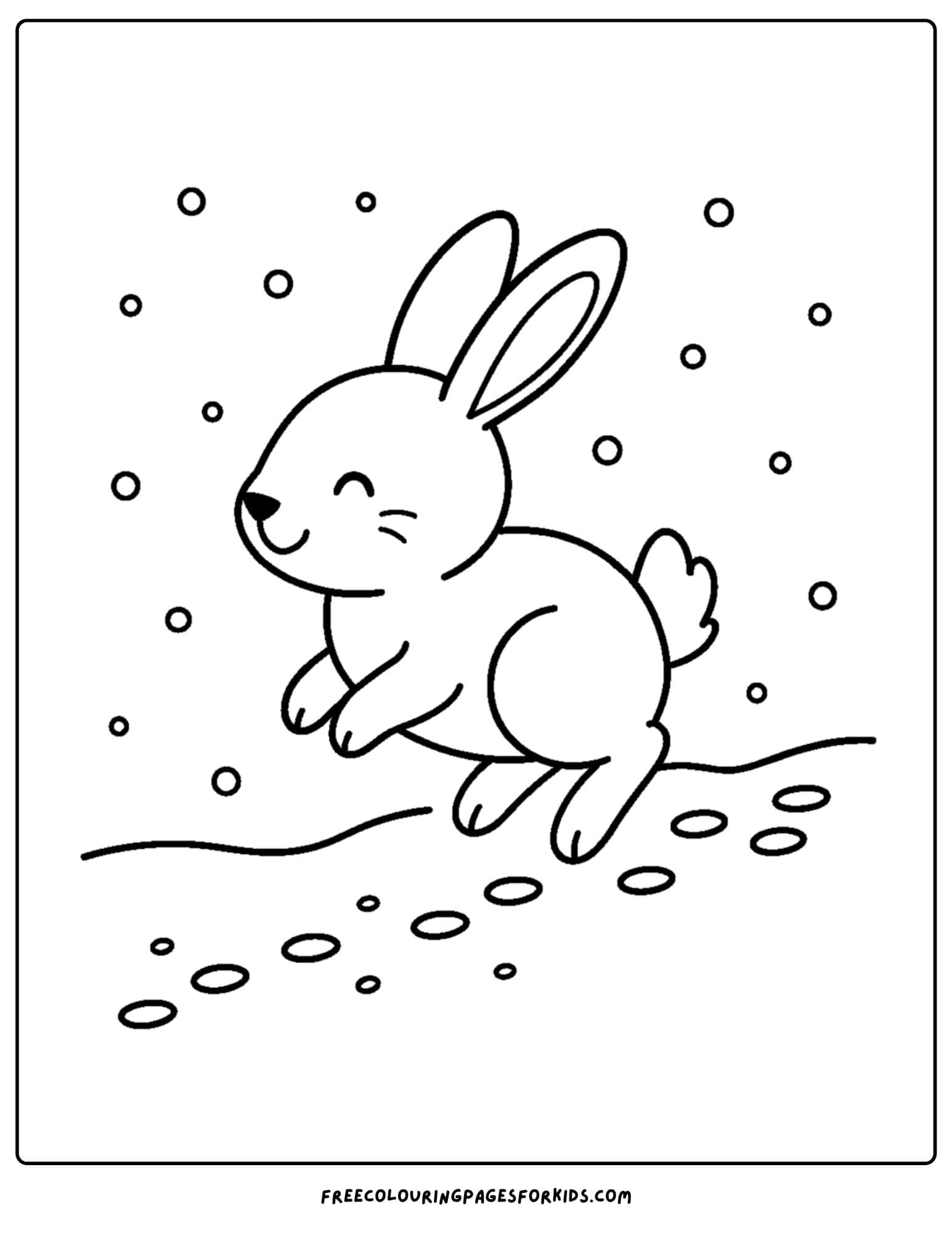 a snow coloring page featuring a rabbit hopping in the snow