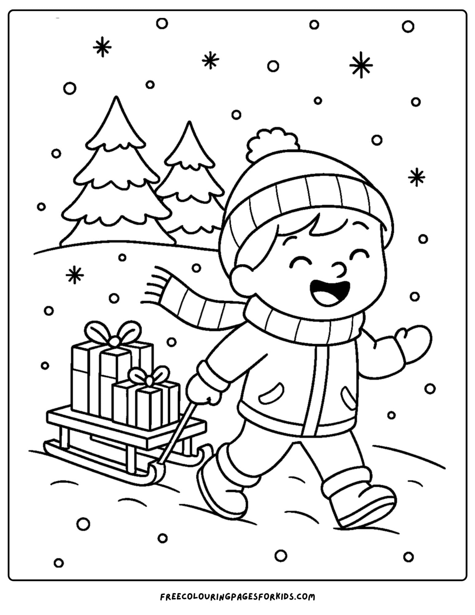 a snow coloring page featuring a child pulling a sled with presents on it