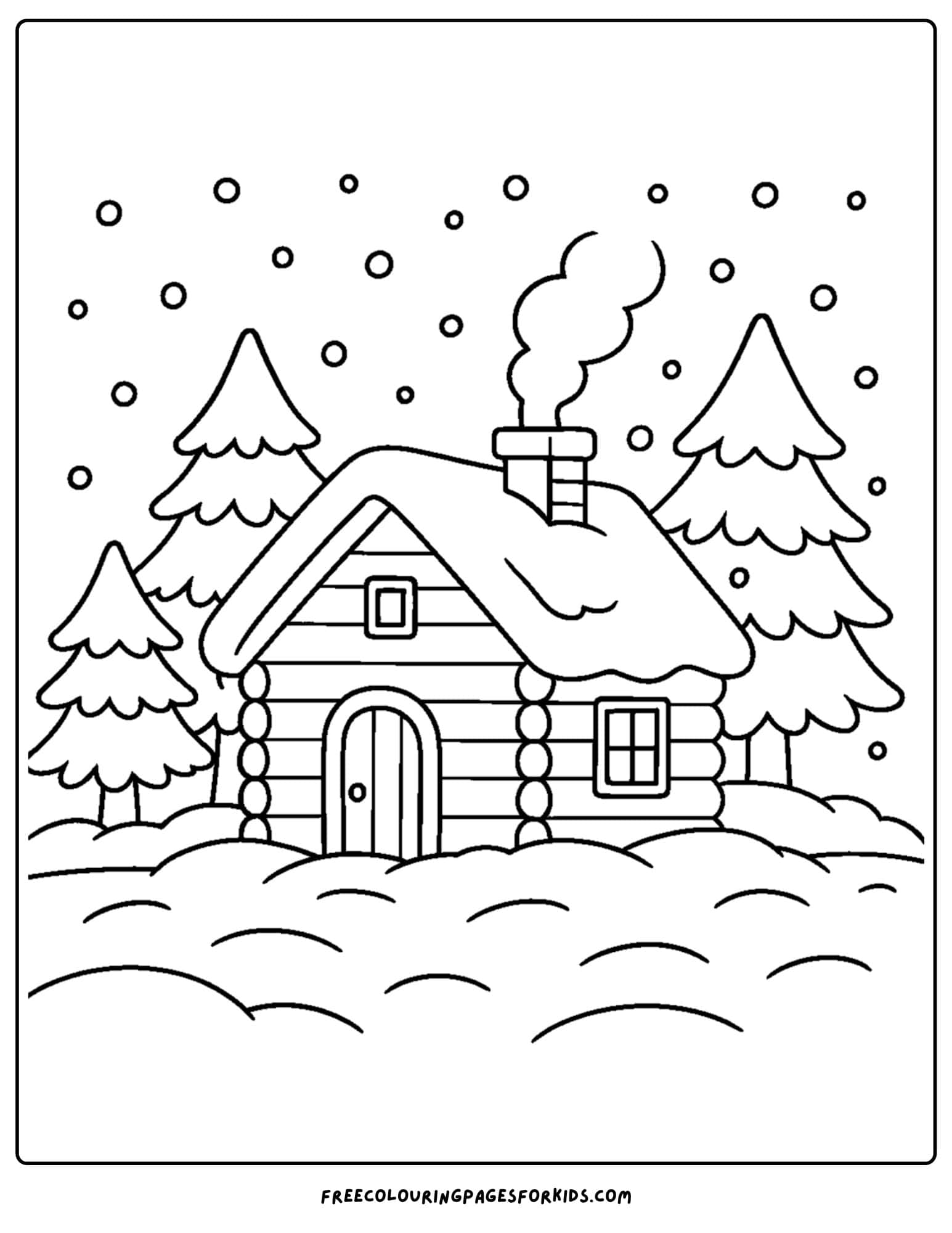 a snow coloring page featuring a snow covered cabin in the woods