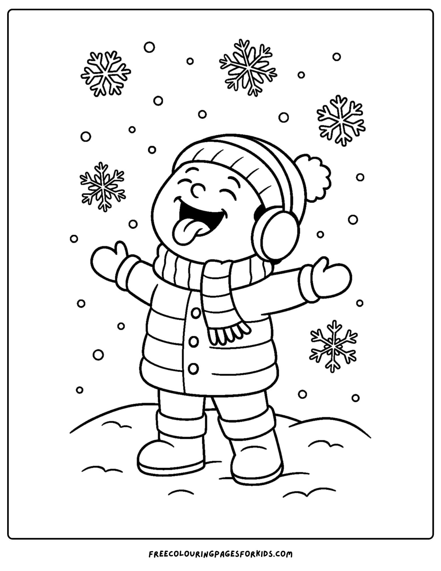 a snow coloring page featuring a child trying to catch snowflakes on his tongue