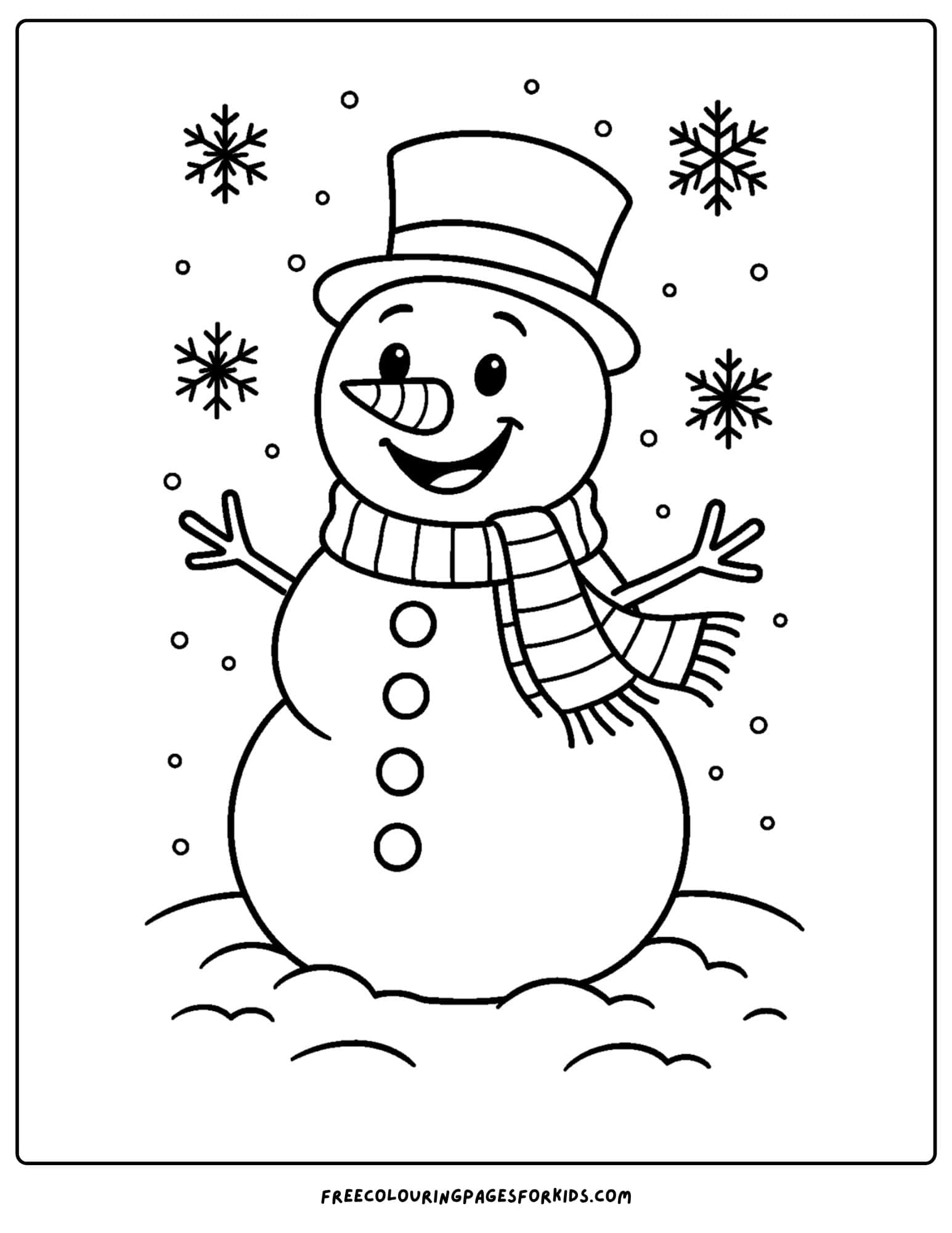 a snow coloring page featuring a snowman wearing a top hat