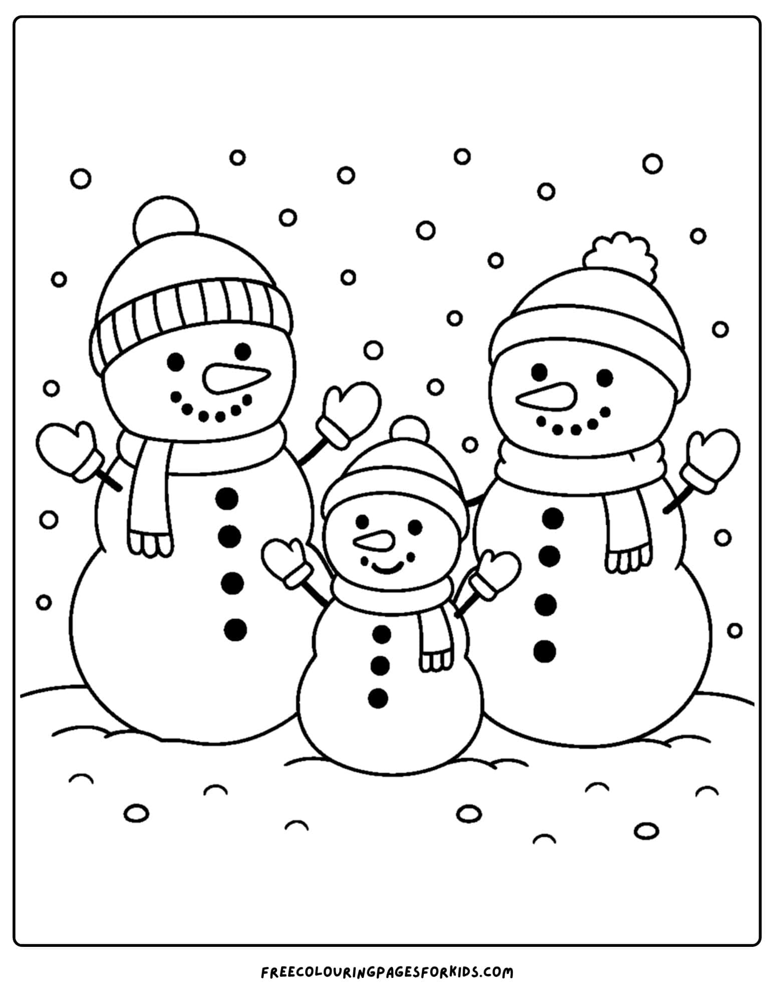 a snow coloring page featuring a snowman family