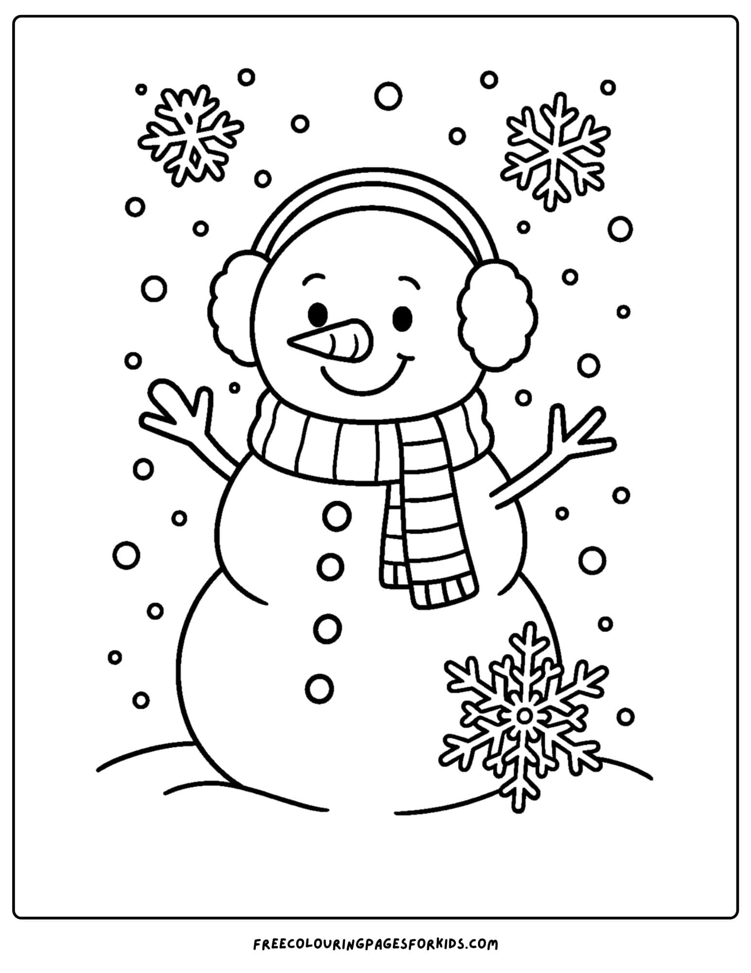 a snow coloring page featuring a snowman with snowflakes falling around him