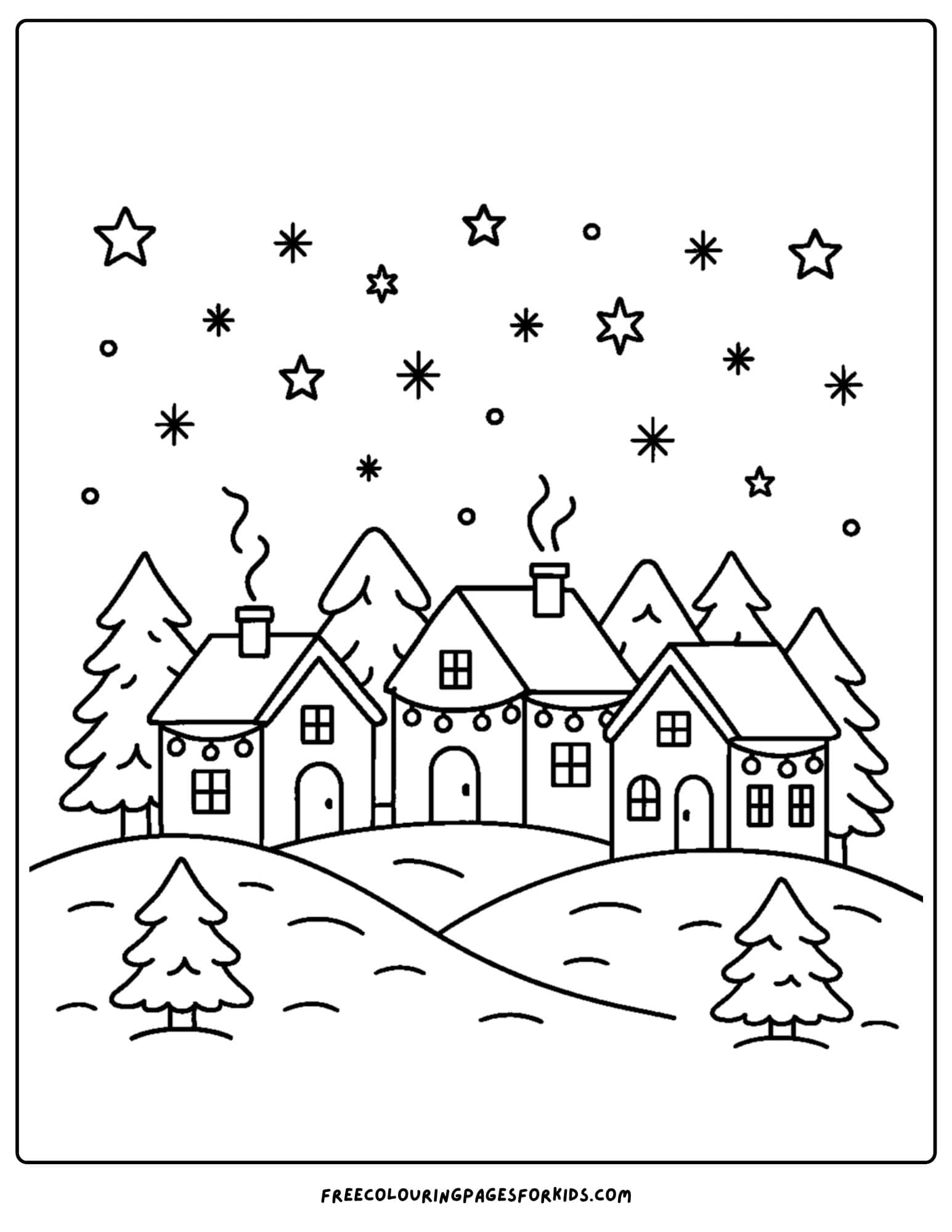 a snow coloring page featuring a snowy village scene
