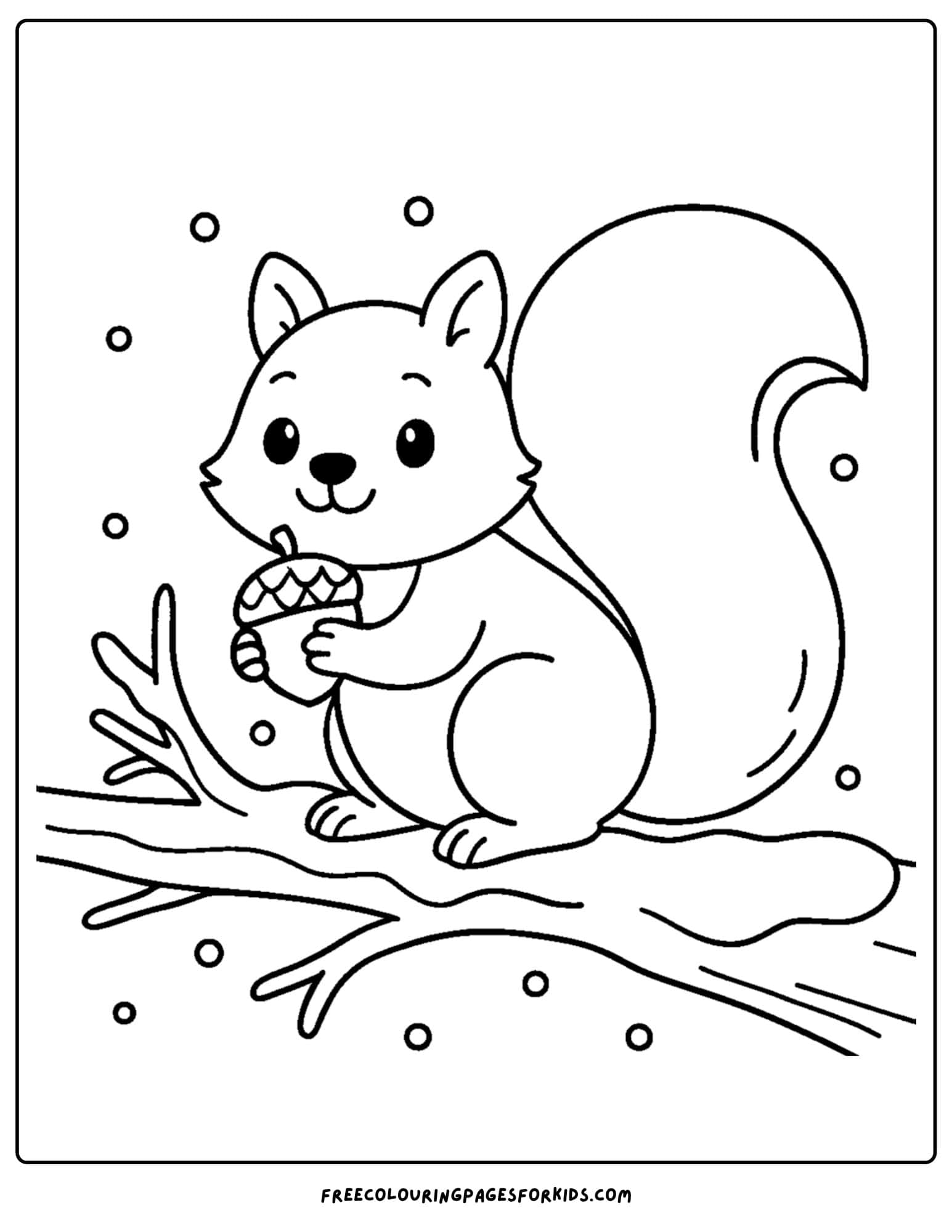 a snow coloring page featuring a squirrel with an acorn in the snow