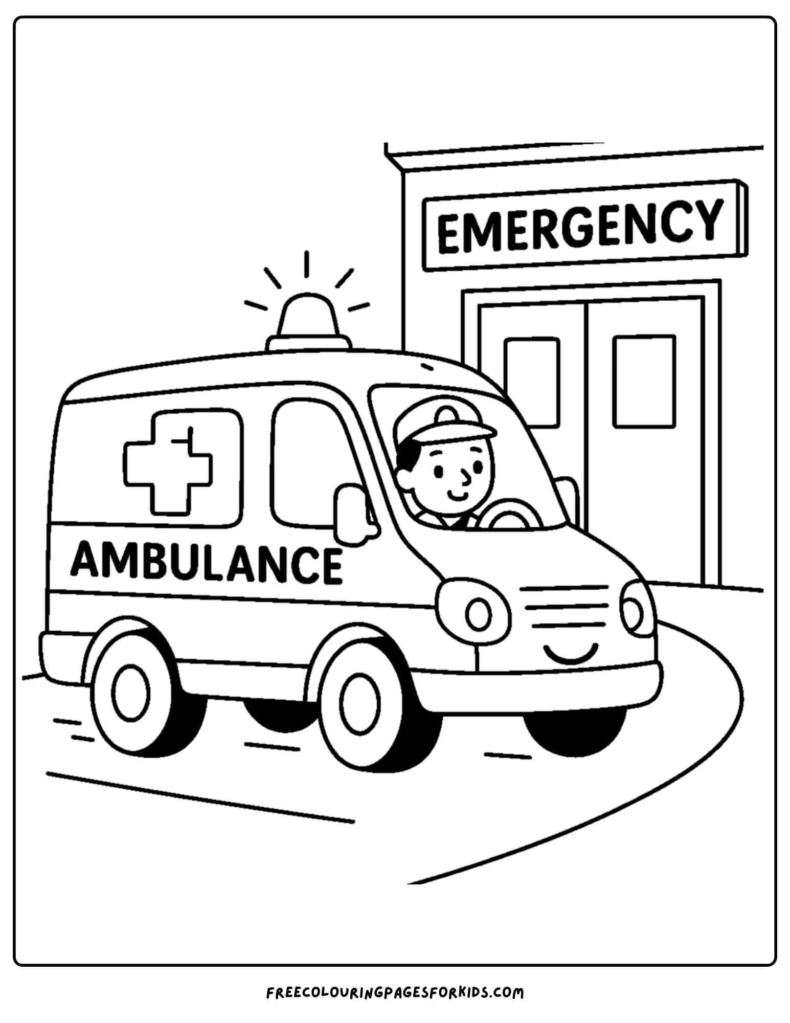 an ambulance coloring page featuring an ambulance arriving at a hospital emergency department