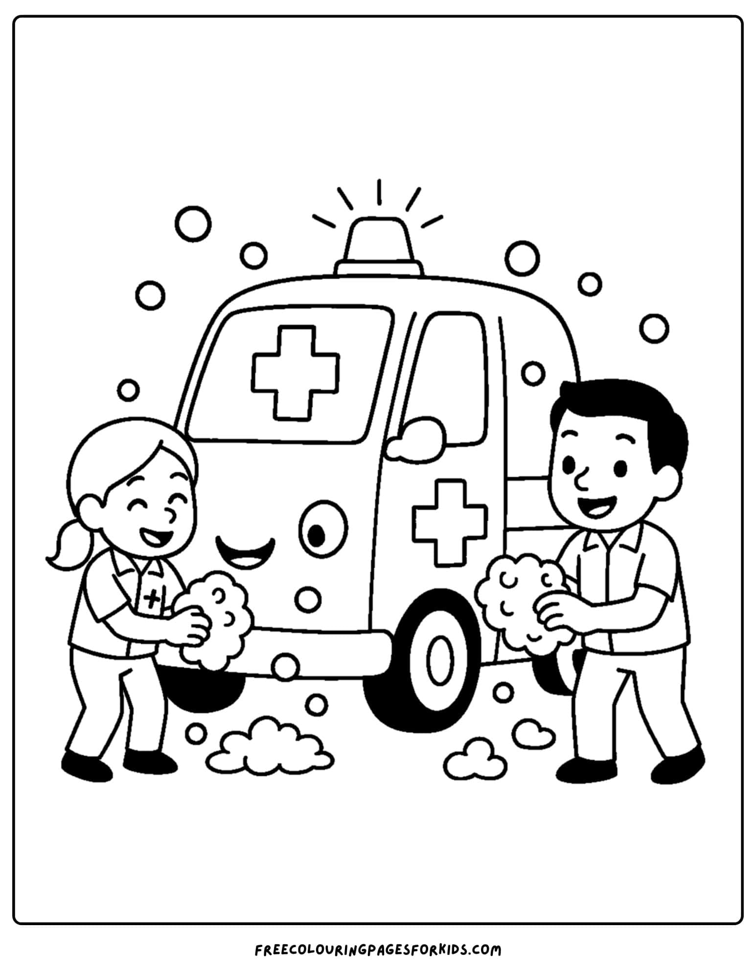 an ambulance coloring page featuring an ambulance being washed with soapy water by paramedics