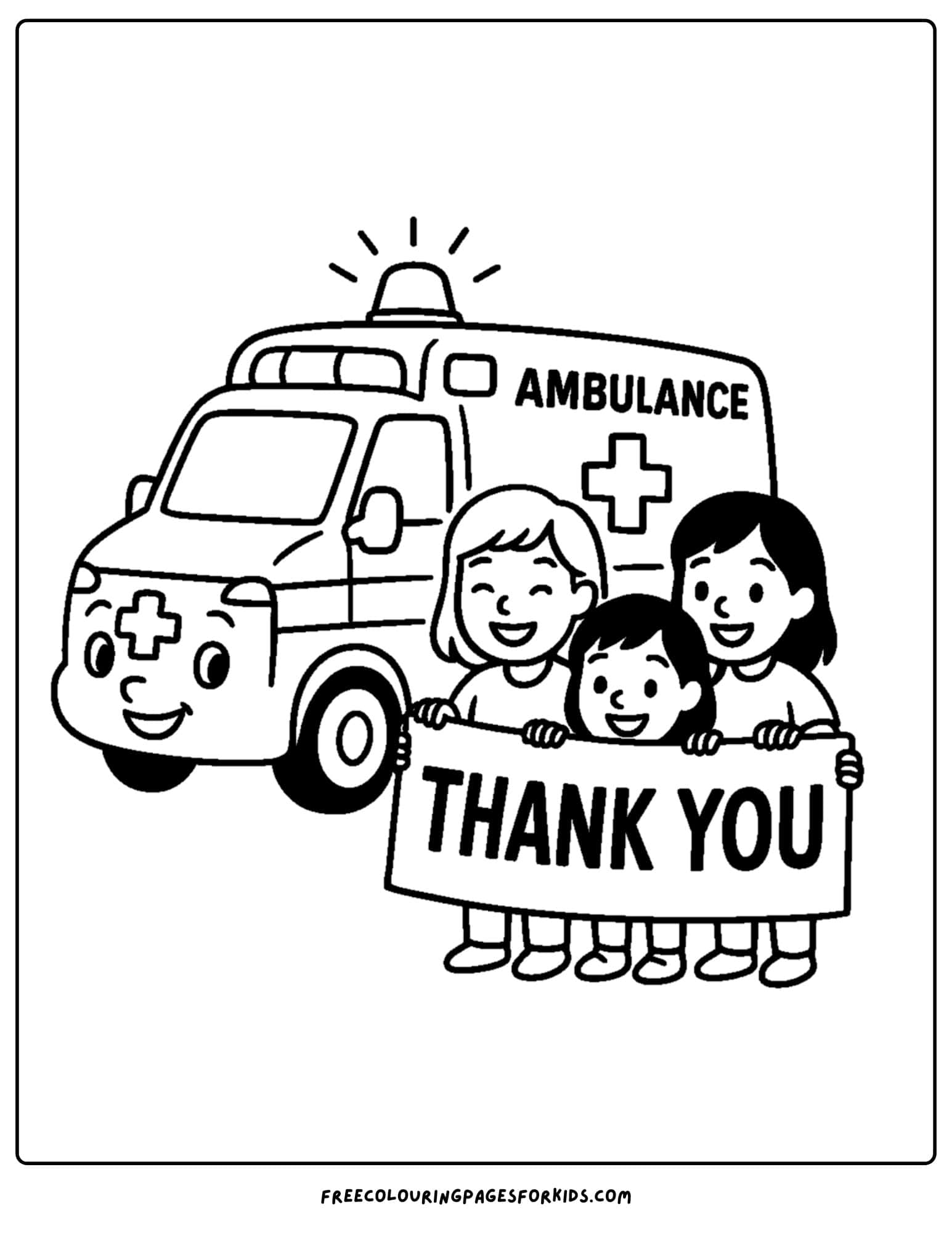 an ambulance coloring page featuring kids holding a thank you sign next to an ambulance