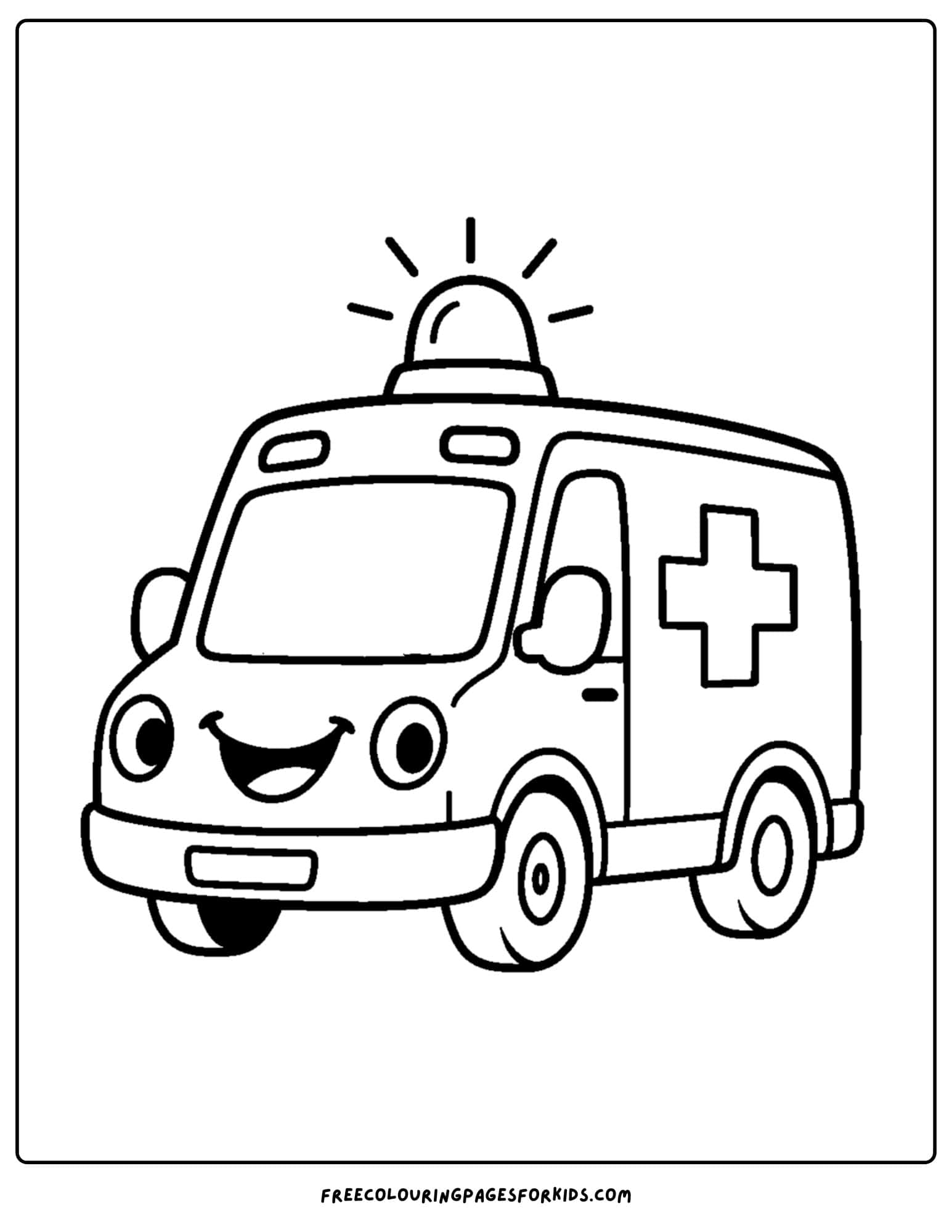 an ambulance coloring page featuring a smiling face ambulance