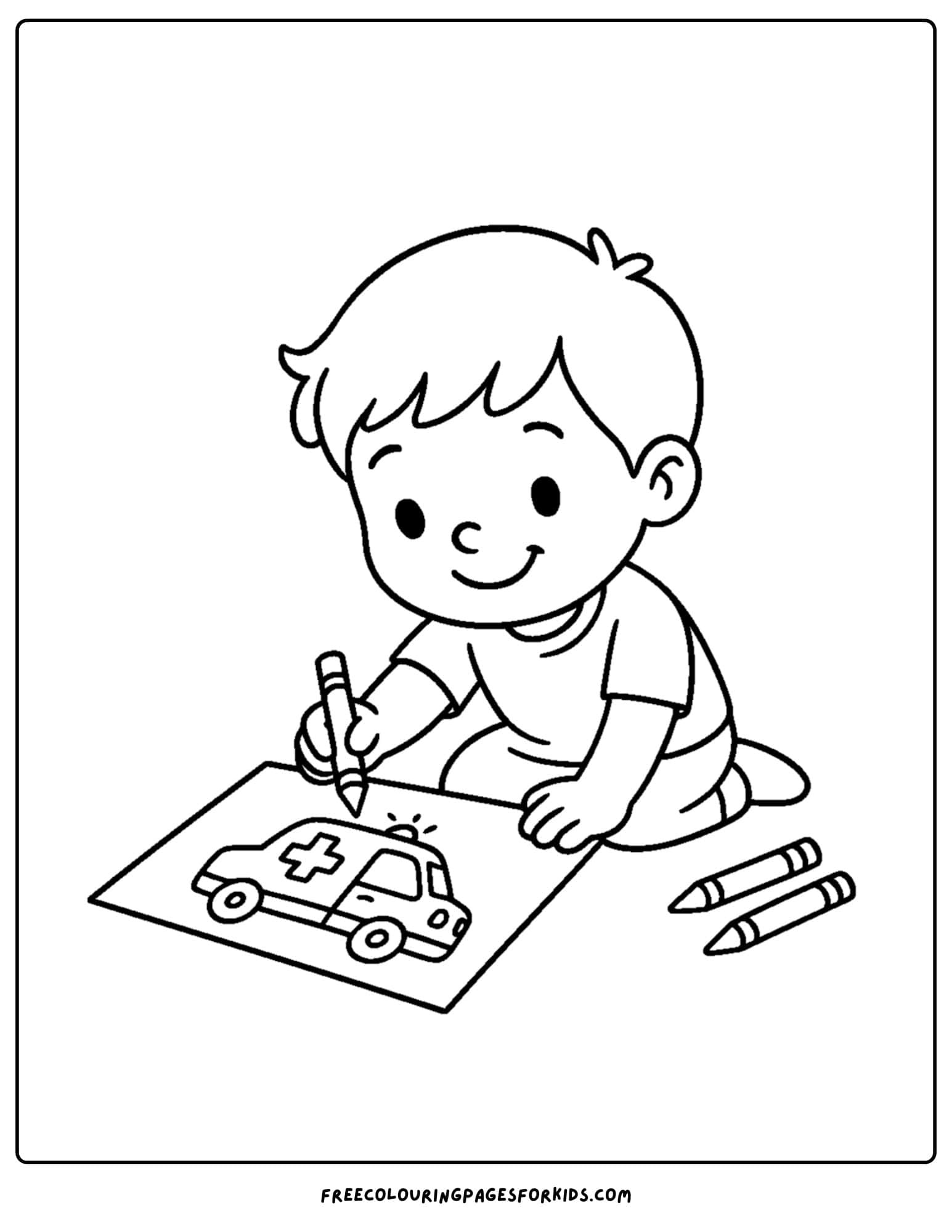 an ambulance coloring page featuring a child drawing an ambulance on a piece of paper with crayons