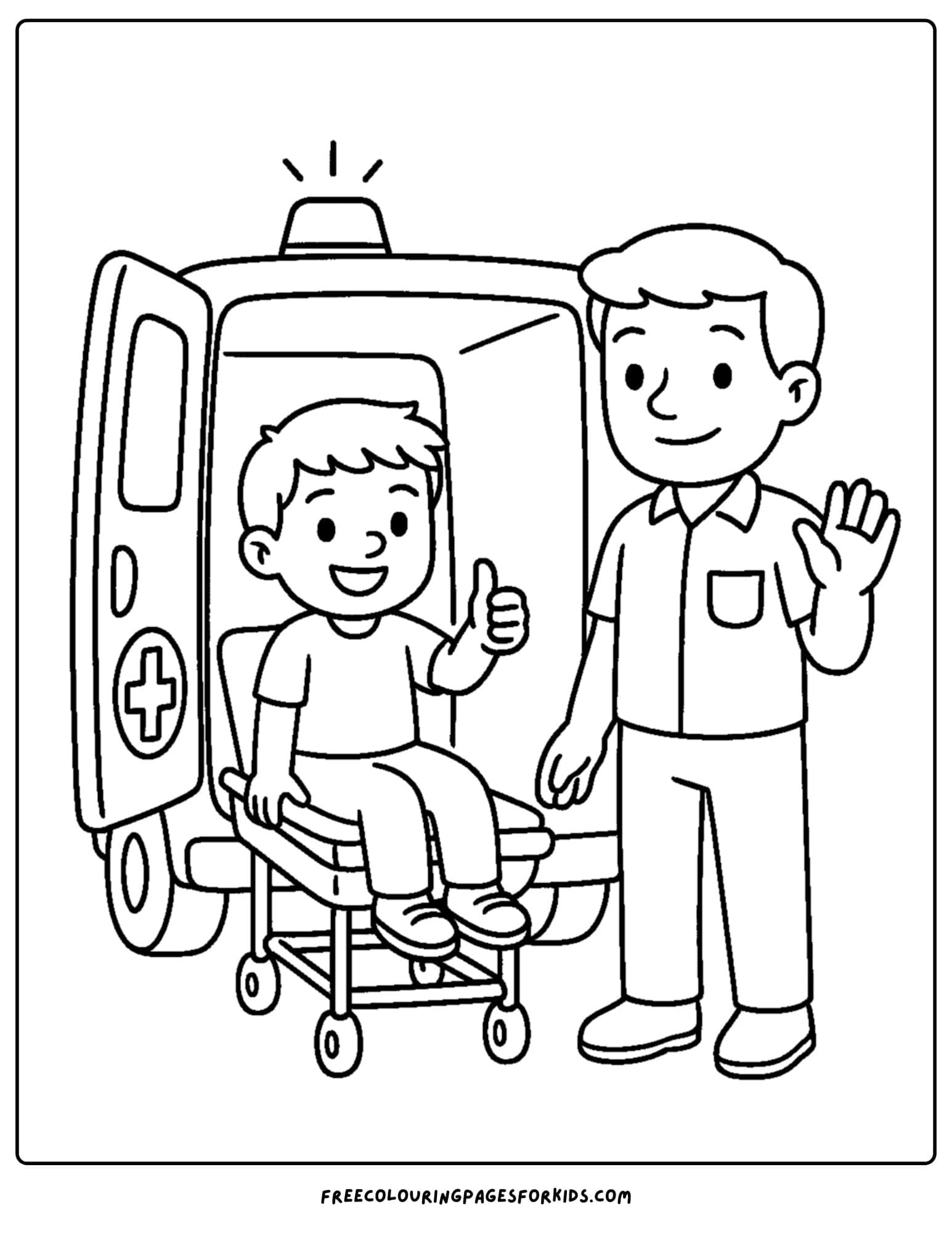 an ambulance coloring page featuring a child getting treated in the back of an ambulance and giving a thumbs up