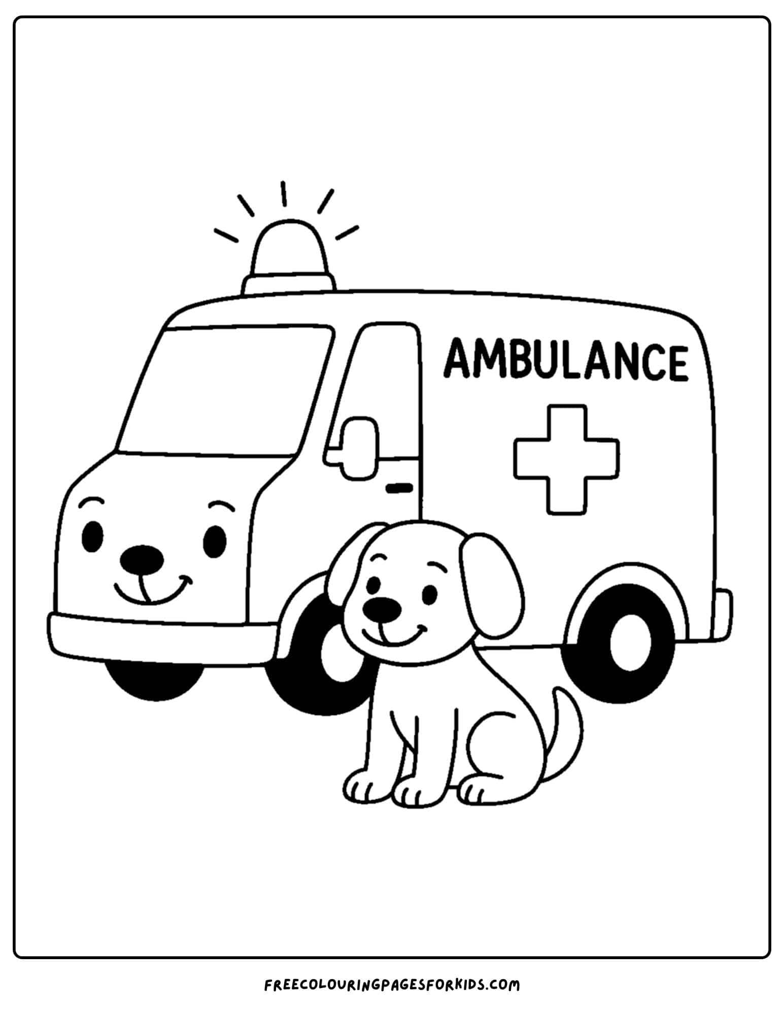 an ambulance coloring page featuring a dog sitting next to an ambulance
