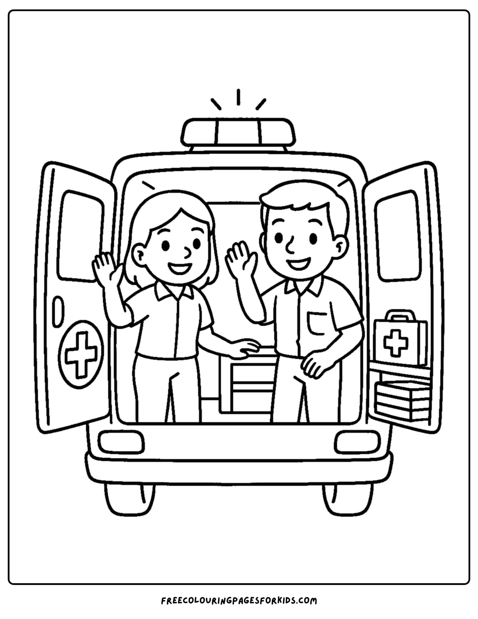 an ambulance coloring page featuring an ambulance with paramedics in the back with the doors open