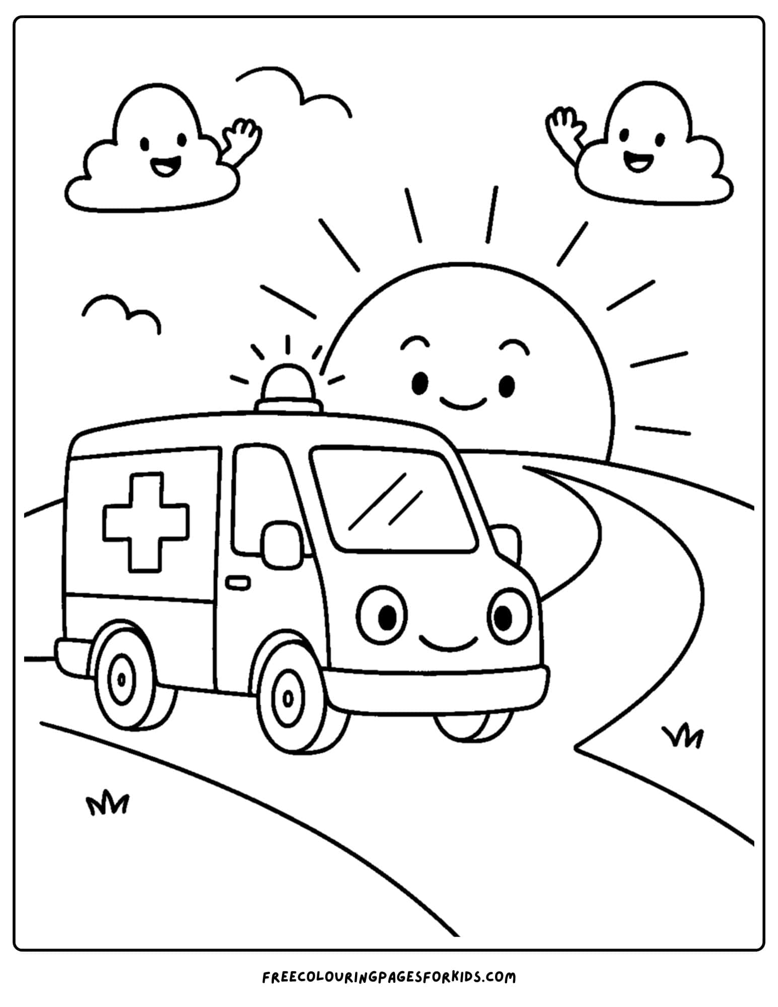 an ambulance coloring page featuring an ambulance driving along the road at sunset
