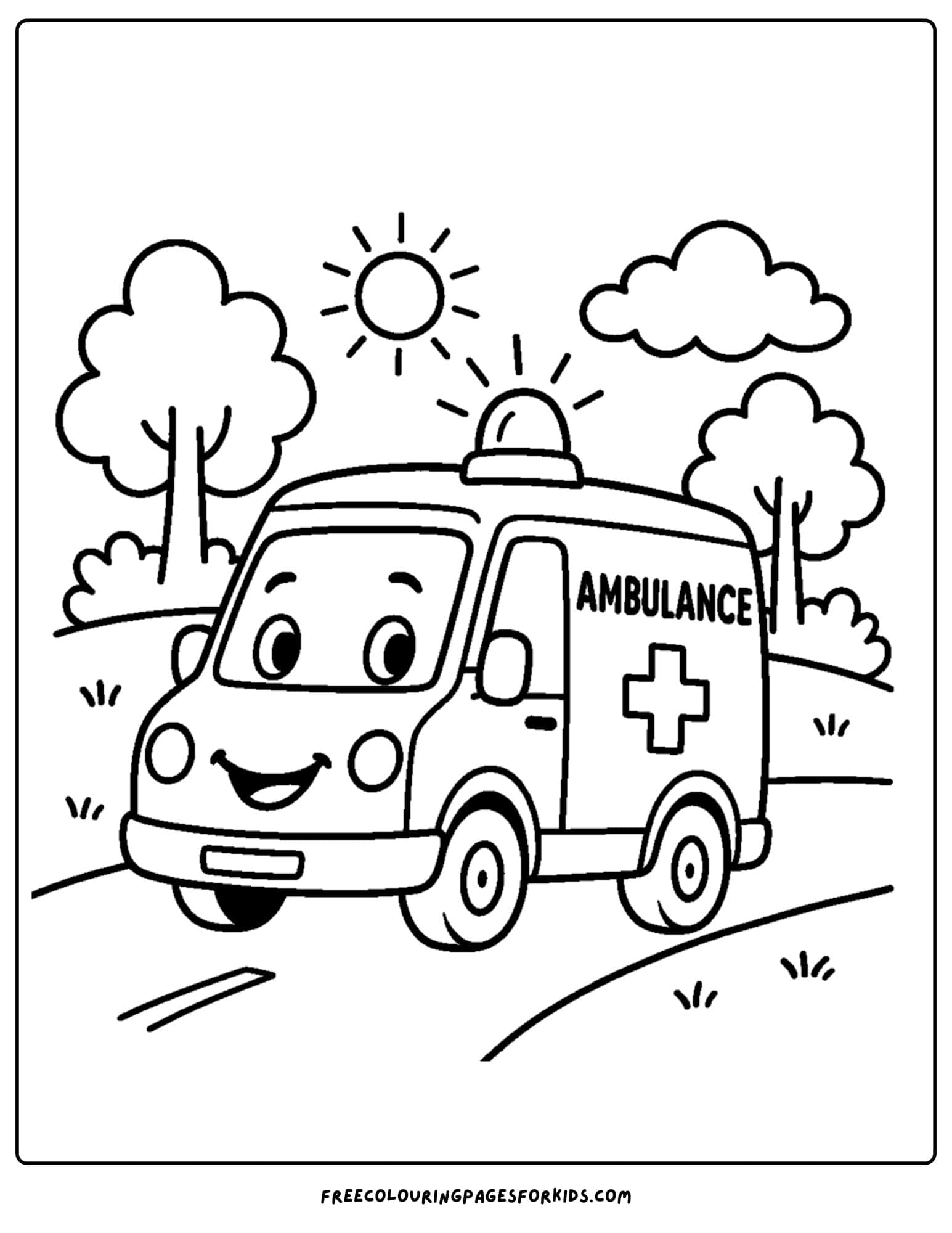 an ambulance coloring page featuring an ambulance driving along a road next to a park