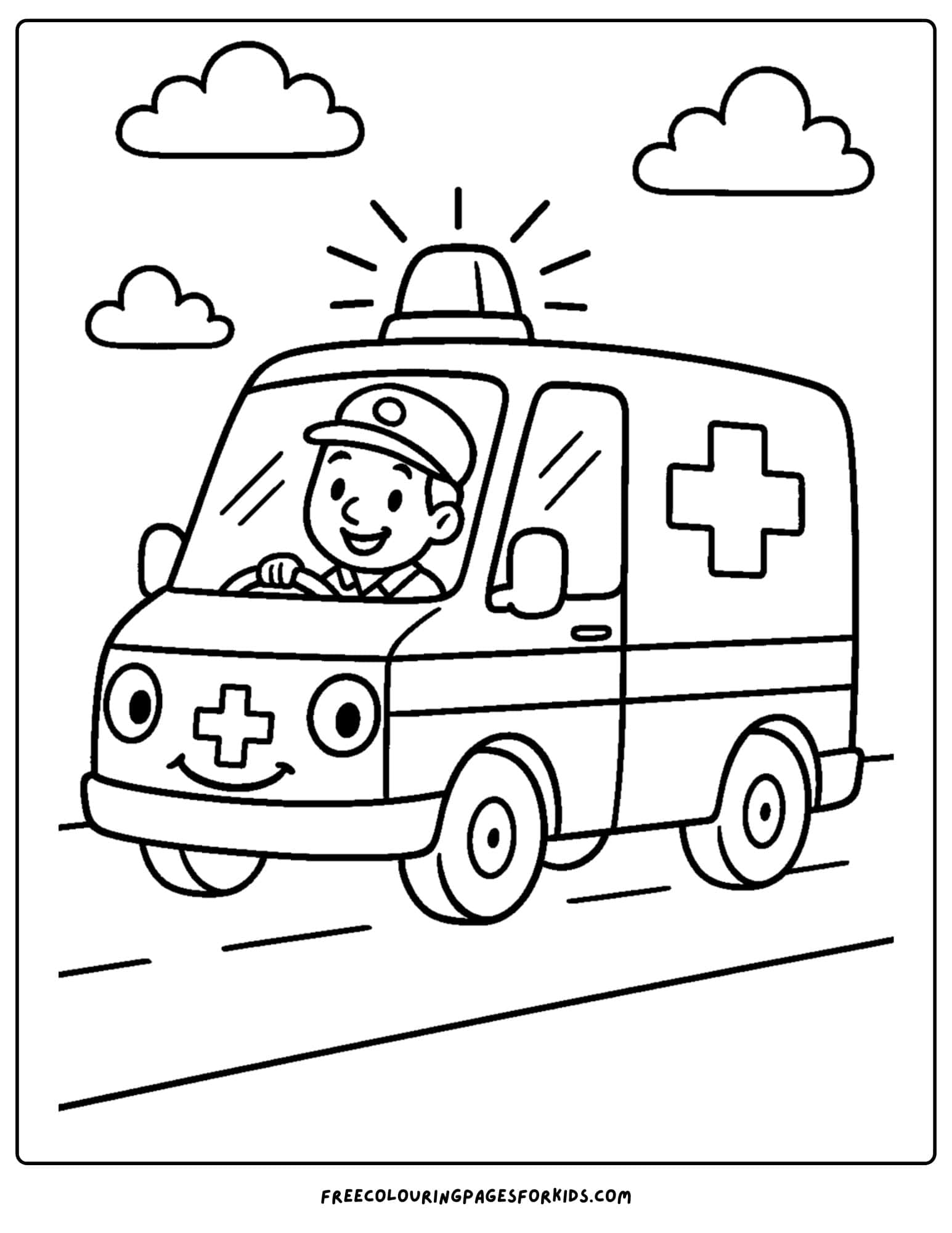 an ambulance coloring page featuring an ambulance driving with the flashing lights on