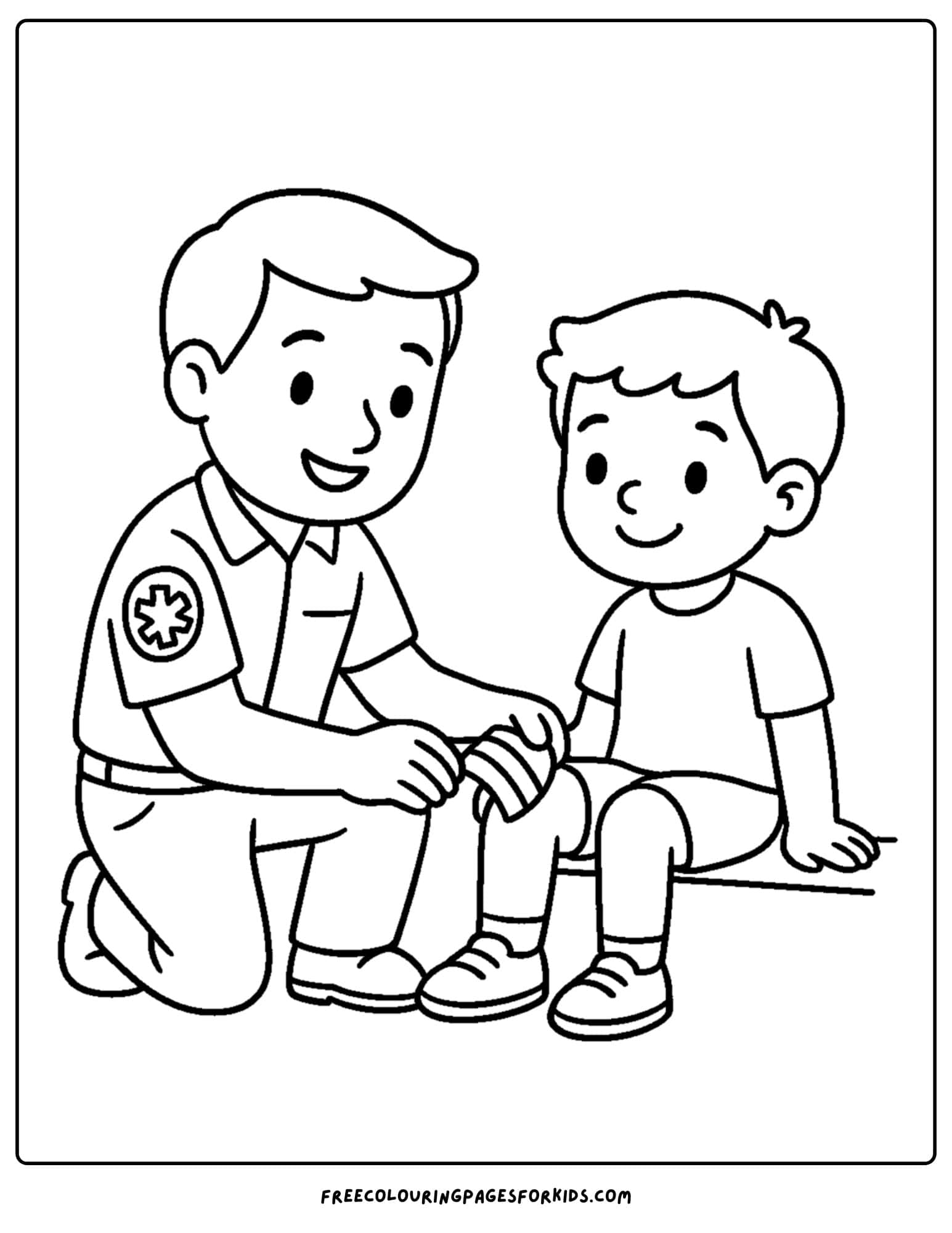 an ambulance coloring page featuring an emt helping bandage a child's leg